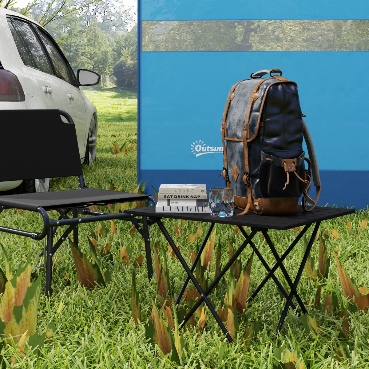 Outsunny Folding Camping Table, Metal, Portable with Carry Bag, Black