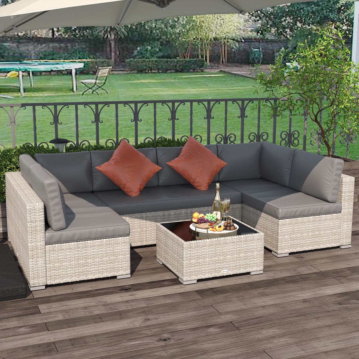 Outsunny 6-Seater Patio PE Rattan Sofa Set with Tempered Glass Coffee Table Grey