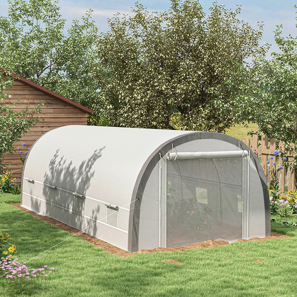 Outsunny 6 x 3m Polytunnel Greenhouse, White/Grey, Mesh Door, Windows, 15 Plant Labels