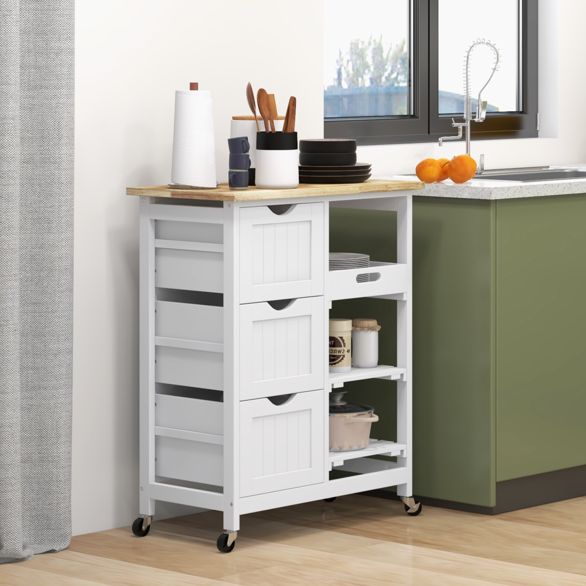 HOMCOM White Rolling Kitchen Island Cart with 3 Drawers & Tray