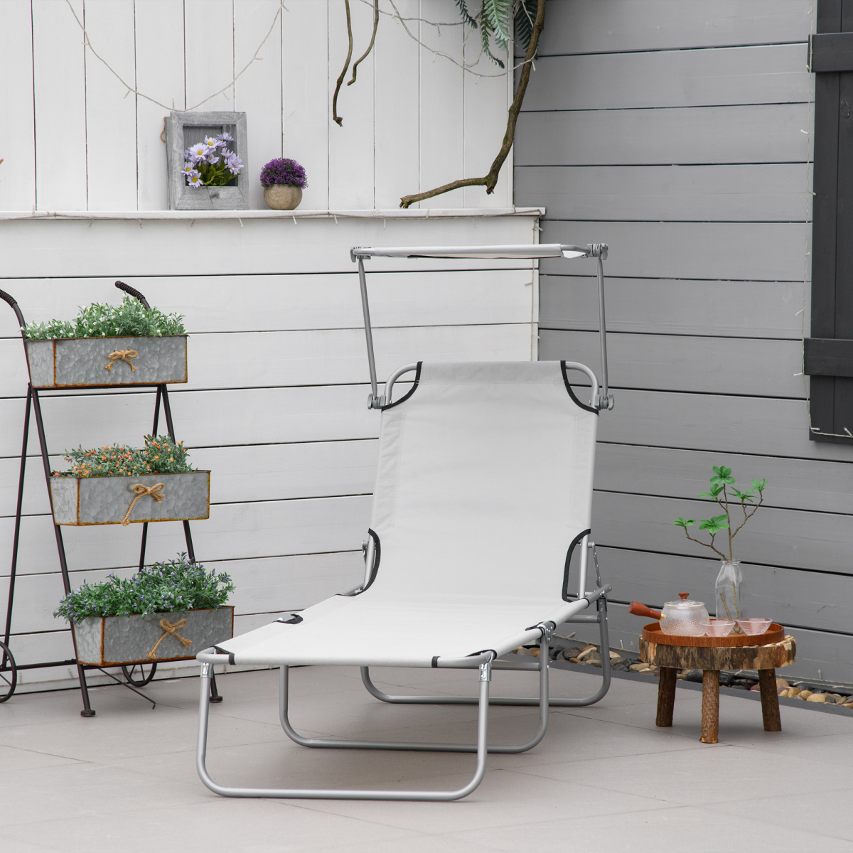 Outsunny Grey Folding Sun Lounger with Adjustable Canopy