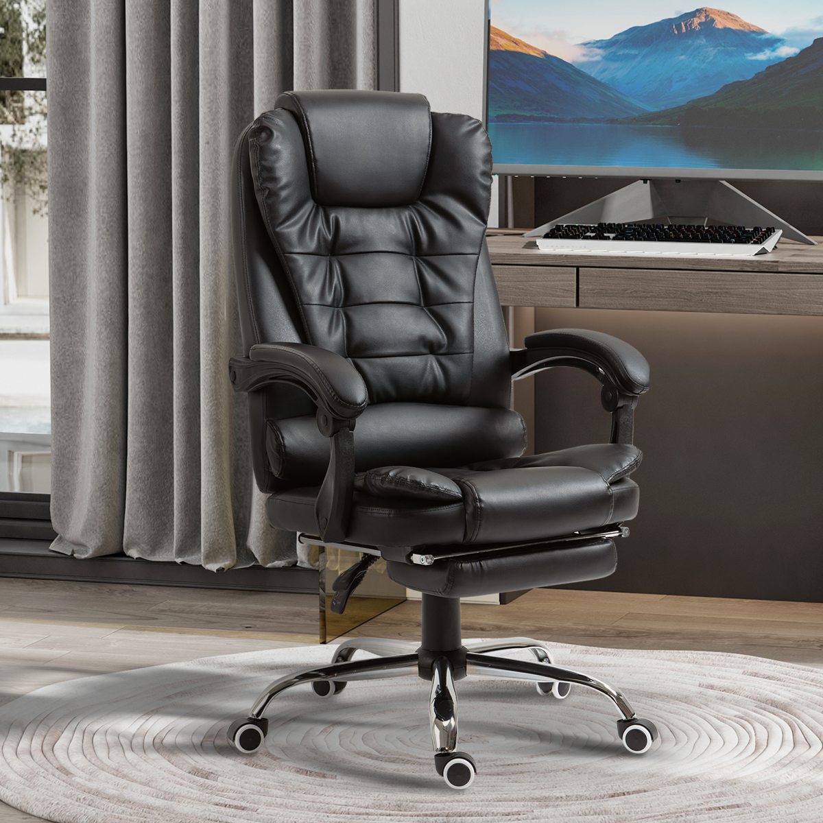 HOMCOM Black PU Leather High Back Swivel Office Chair with Reclining Back and Footrest