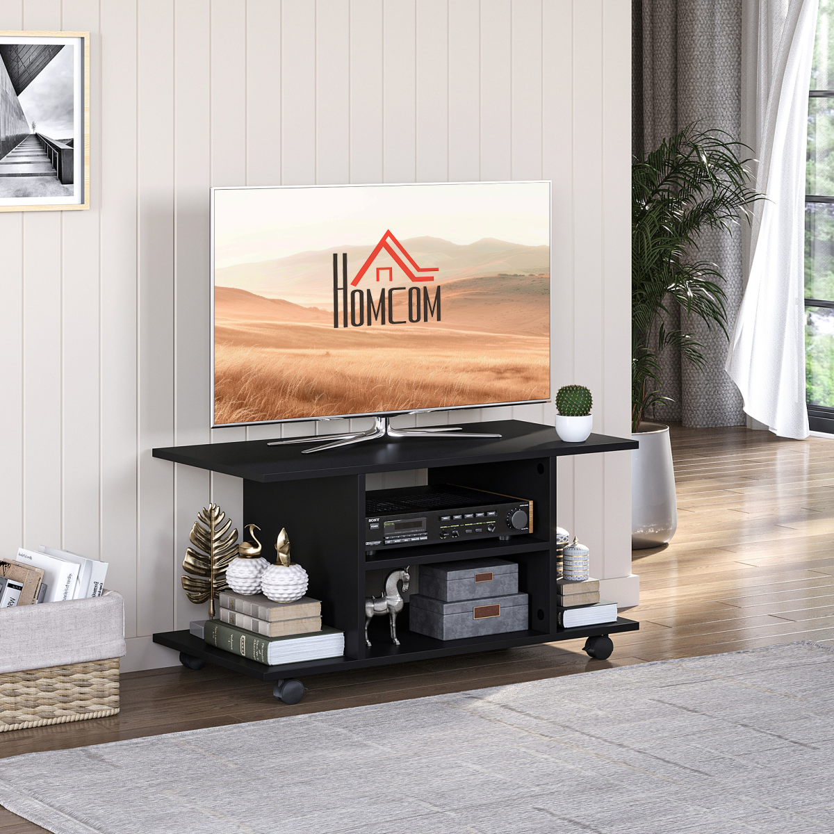 HOMCOM Black Mobile TV Stand with 3-Tier Storage Shelves and Lockable Castor Wheels
