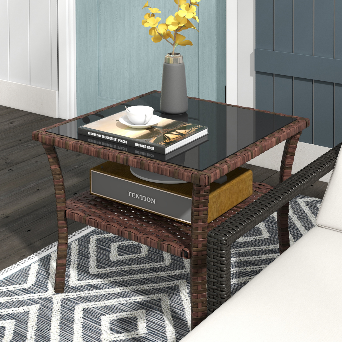 Outsunny PE Rattan Coffee Table, Two-Tier Table with Tempered Glass Top