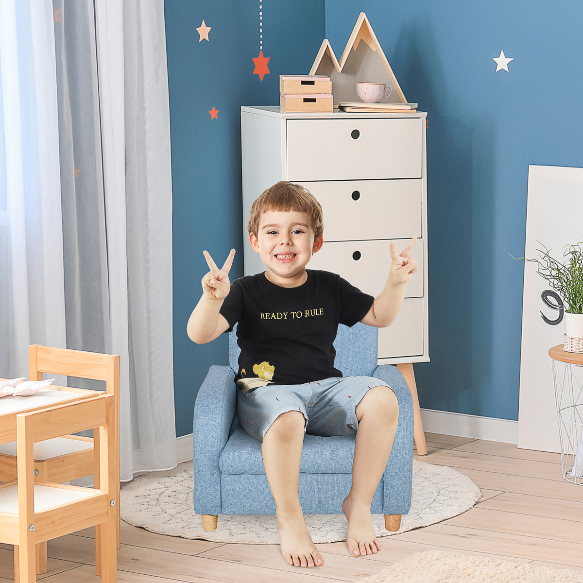 HOMCOM Blue Kids Wooden Armchair with Cushion, 3-6 Years