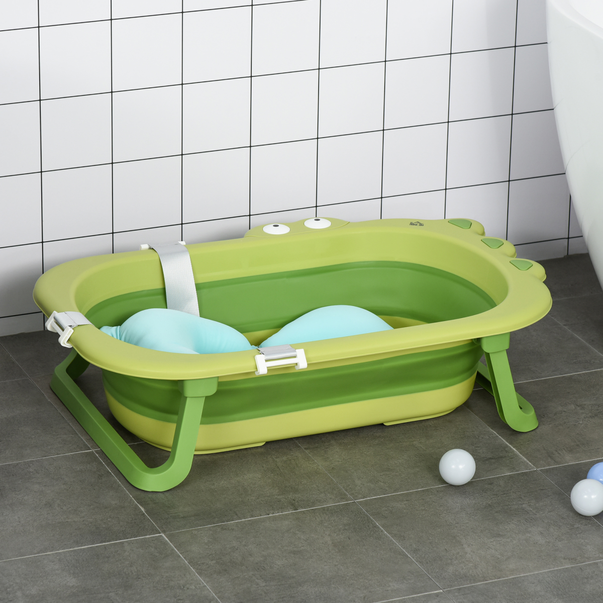 Foldable Baby Bath Tub with Cushion for 0-3 Years, Green