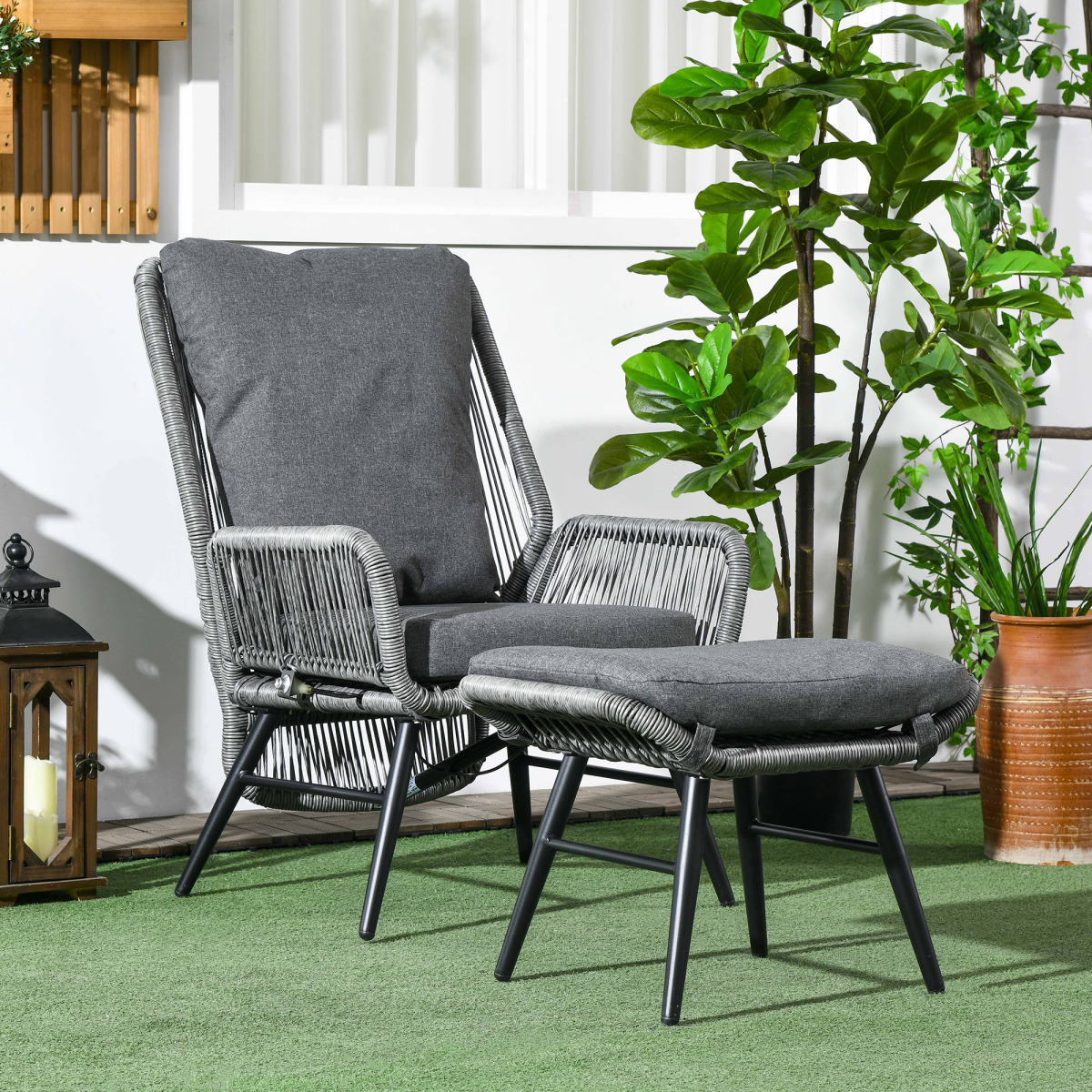 Outsunny Outdoor Rattan Recliner Chair and Footrest Set with Adjustable Backrest, Grey