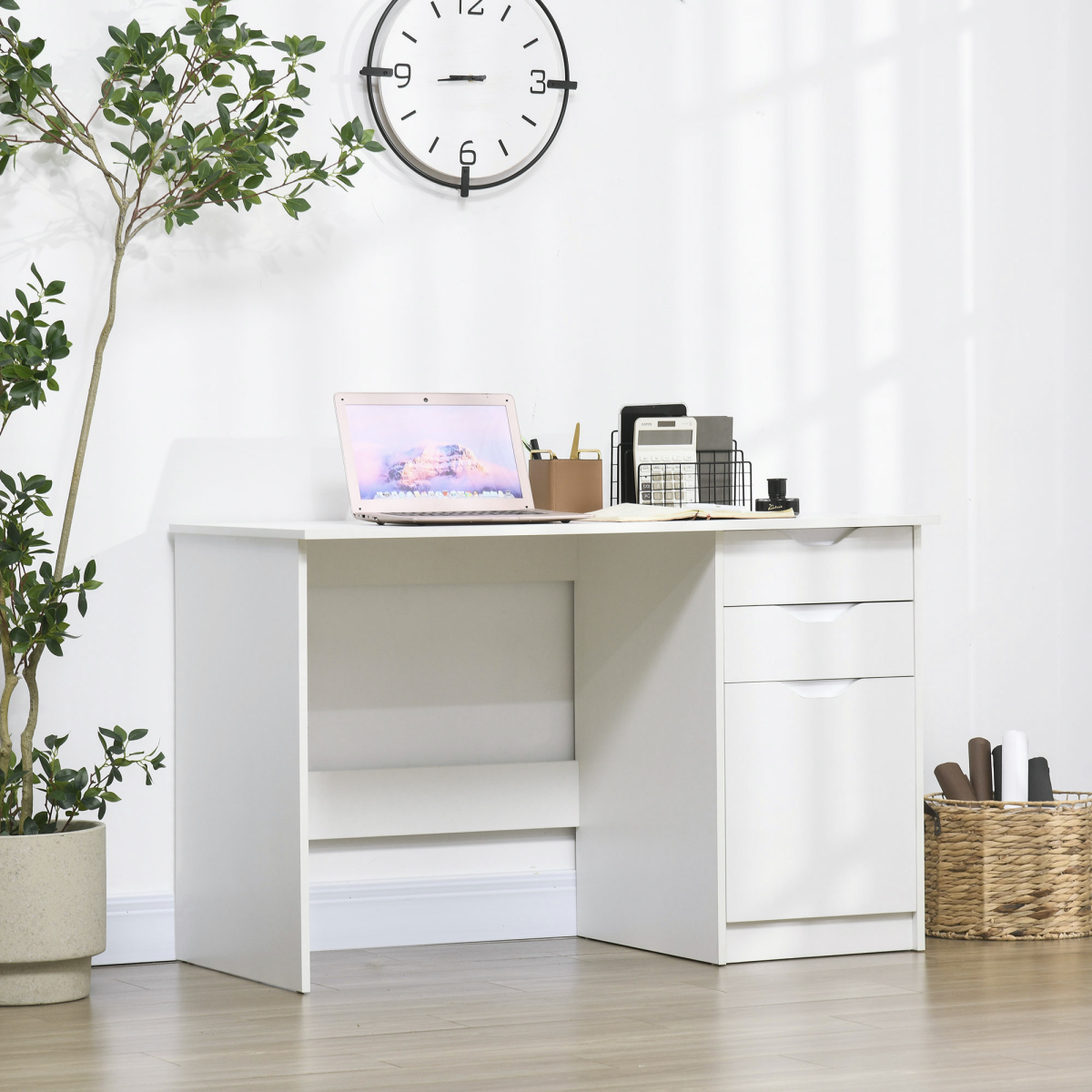 HOMCOM White Computer Workstation with 3 Drawers for Home Office, Study Desk
