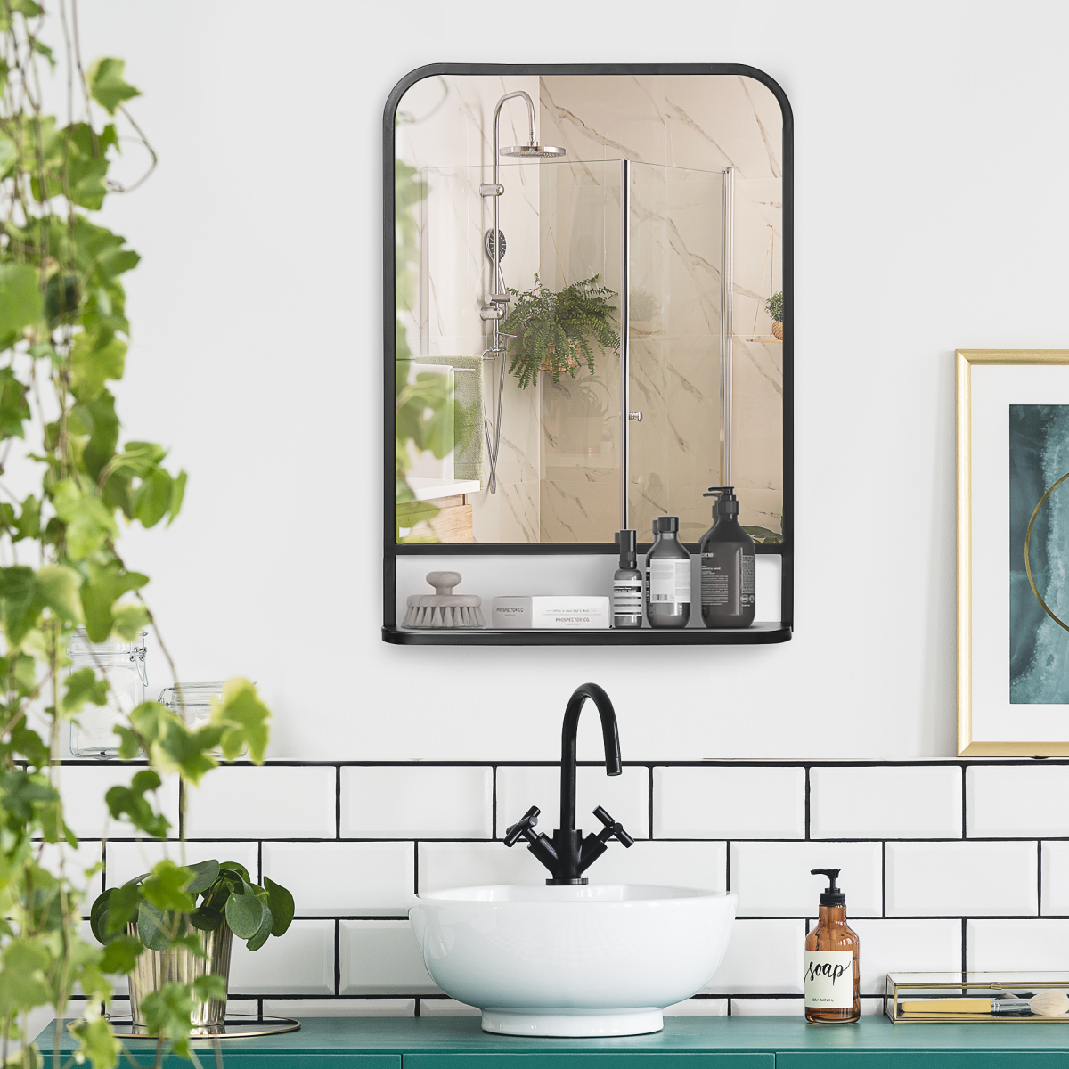Square Wall Mirror with Shelf, 70x50 cm, Black Metal Frame