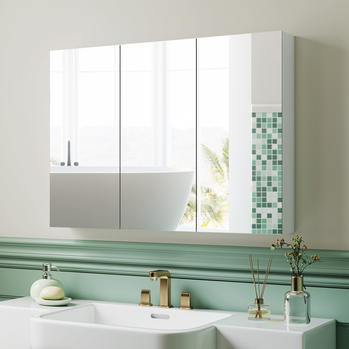 HOMCOM Bathroom Mirror Cabinet, 3 Doors, 6 Shelves, White