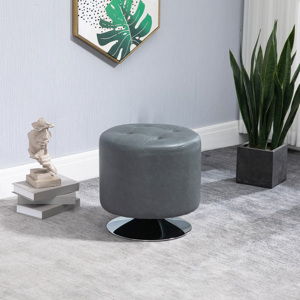 HOMCOM Grey 360 Swivel Footstool Ottoman with Thick Padding and Steel Base