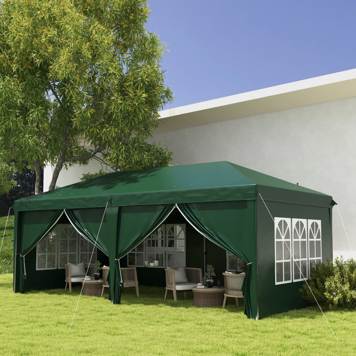 Outsunny 3 x 6m Pop Up Gazebo Party Tent Canopy with 6 Removable Walls and Carry Bag, Green