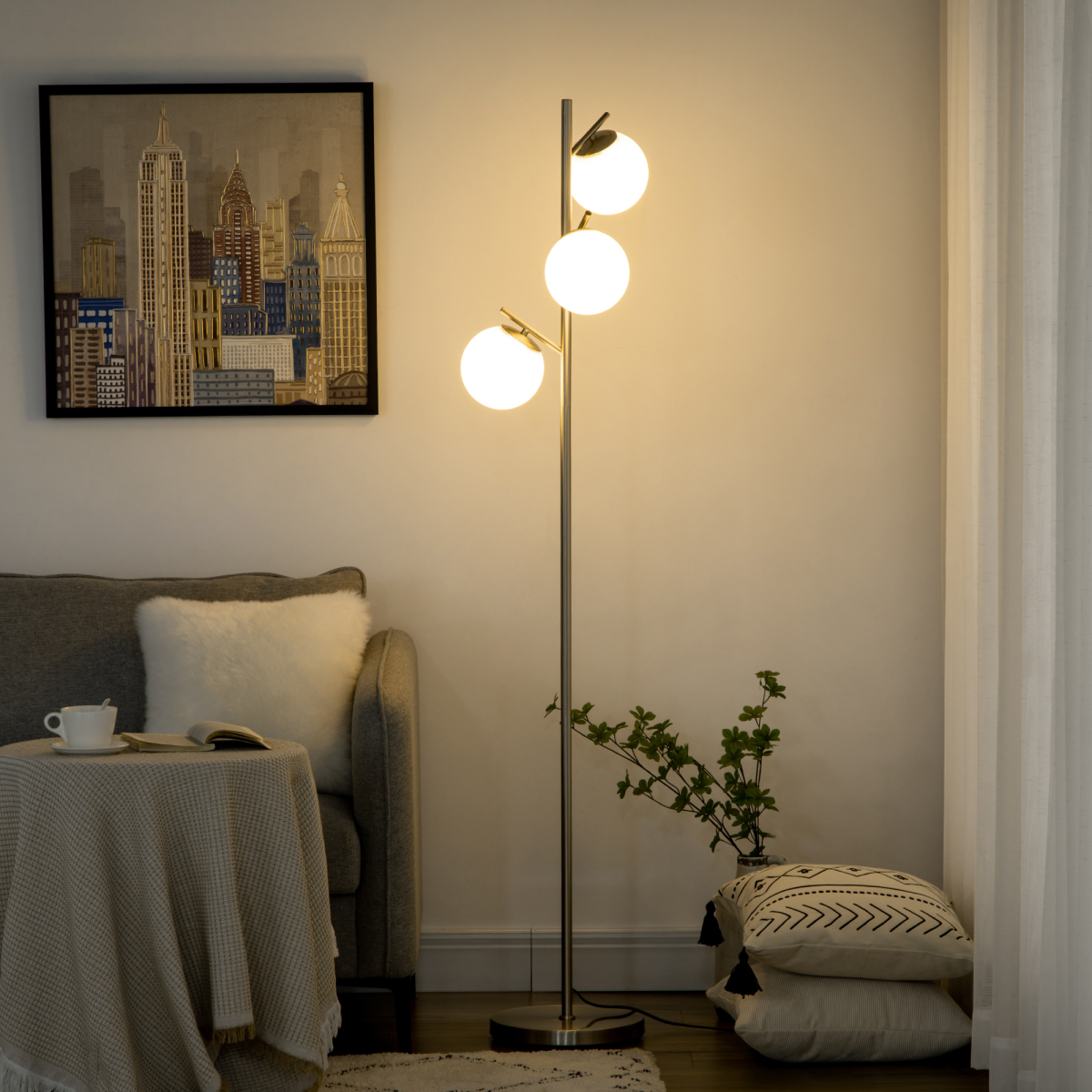 Modern 3-Light Silver Tree Floor Lamp with Globe Shades