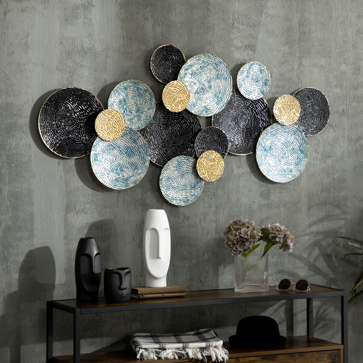 3D Minimalist Metal Multi-Disc Circle Wall Art Hanging Sculpture, Ready to Hang, 66 x 133 cm
