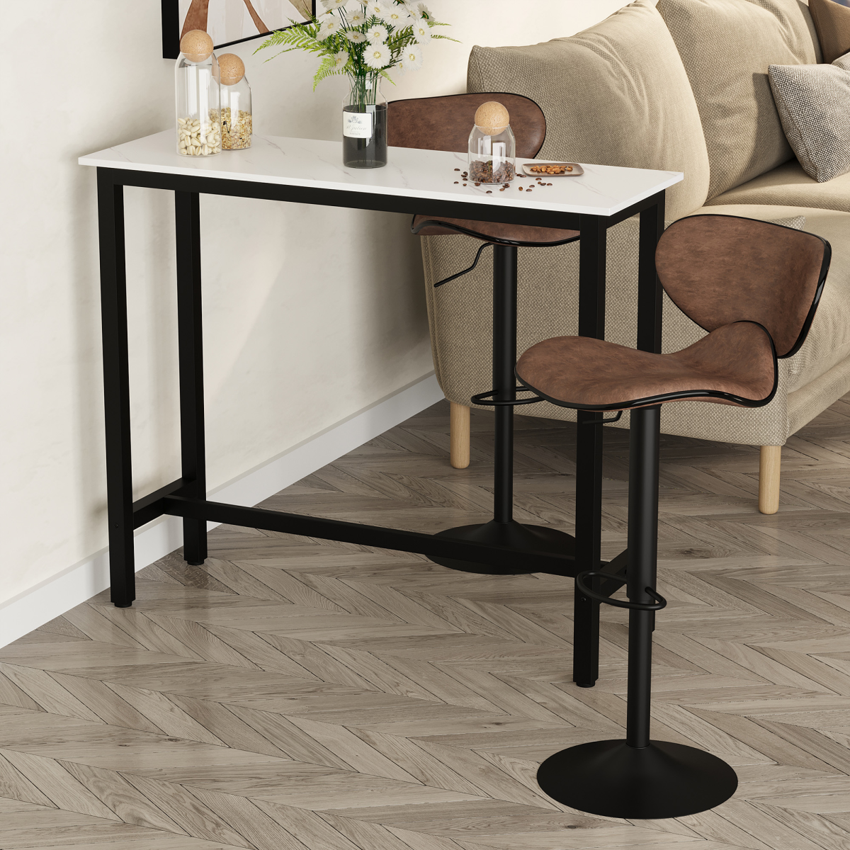Marble Grain Bar Table with Adjustable Footpads, White & Black