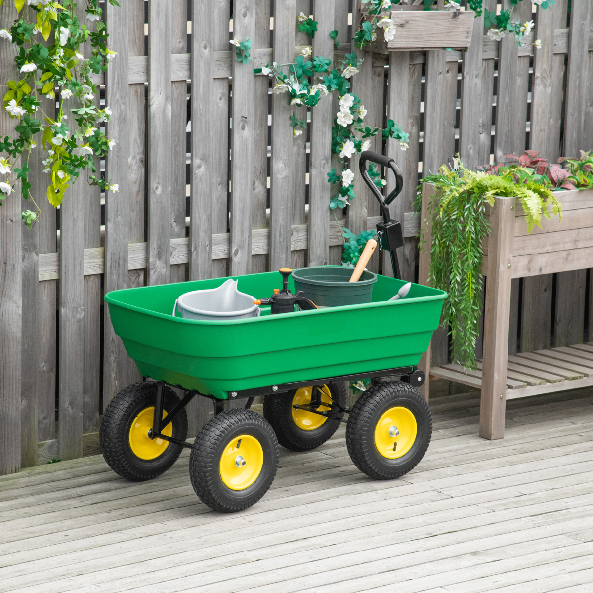 Outsunny 125L Heavy Duty 4-Wheel Garden Cart Trolley Wheelbarrow Green