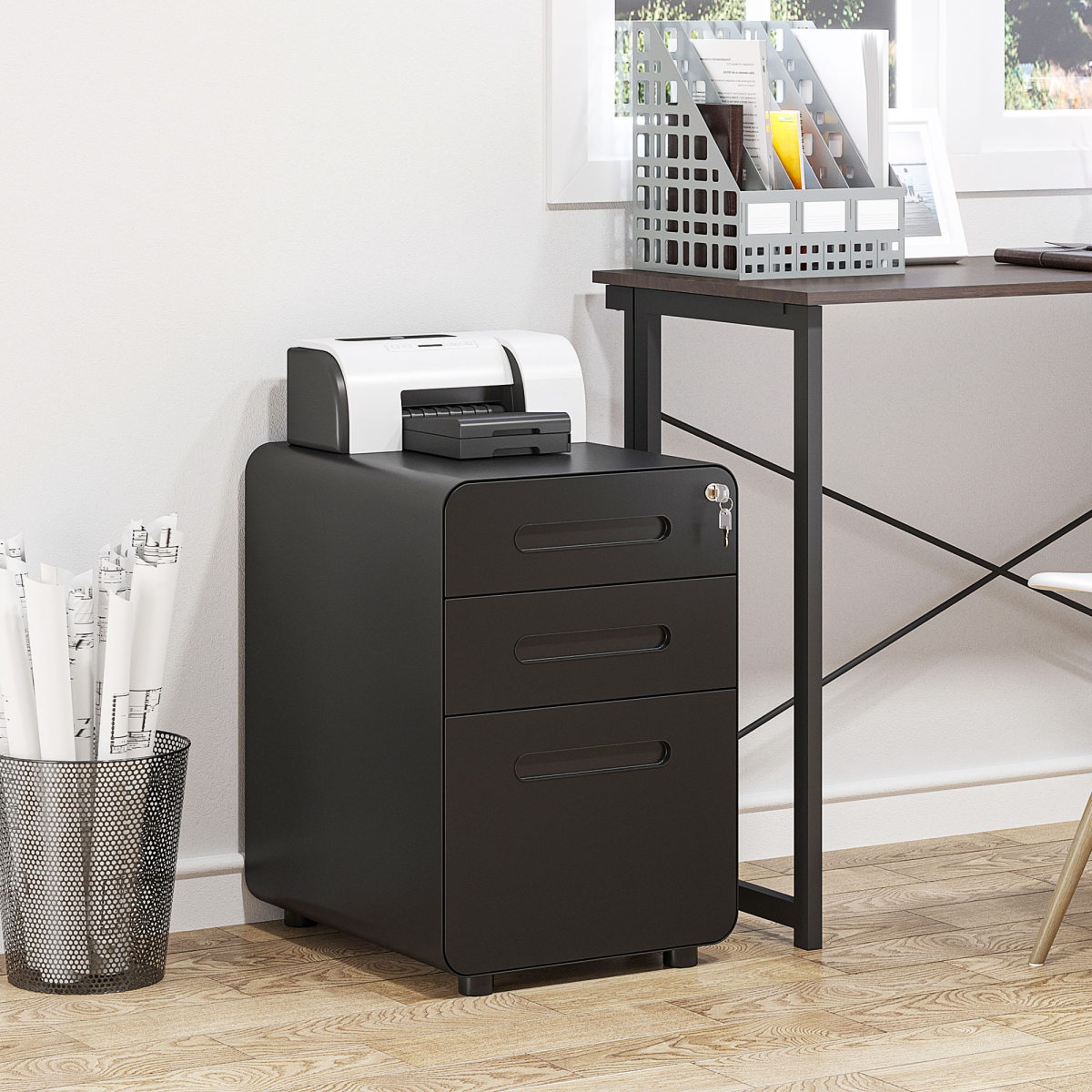 3-Drawer Steel Filing Cabinet with Lock and 4 Wheels, Black