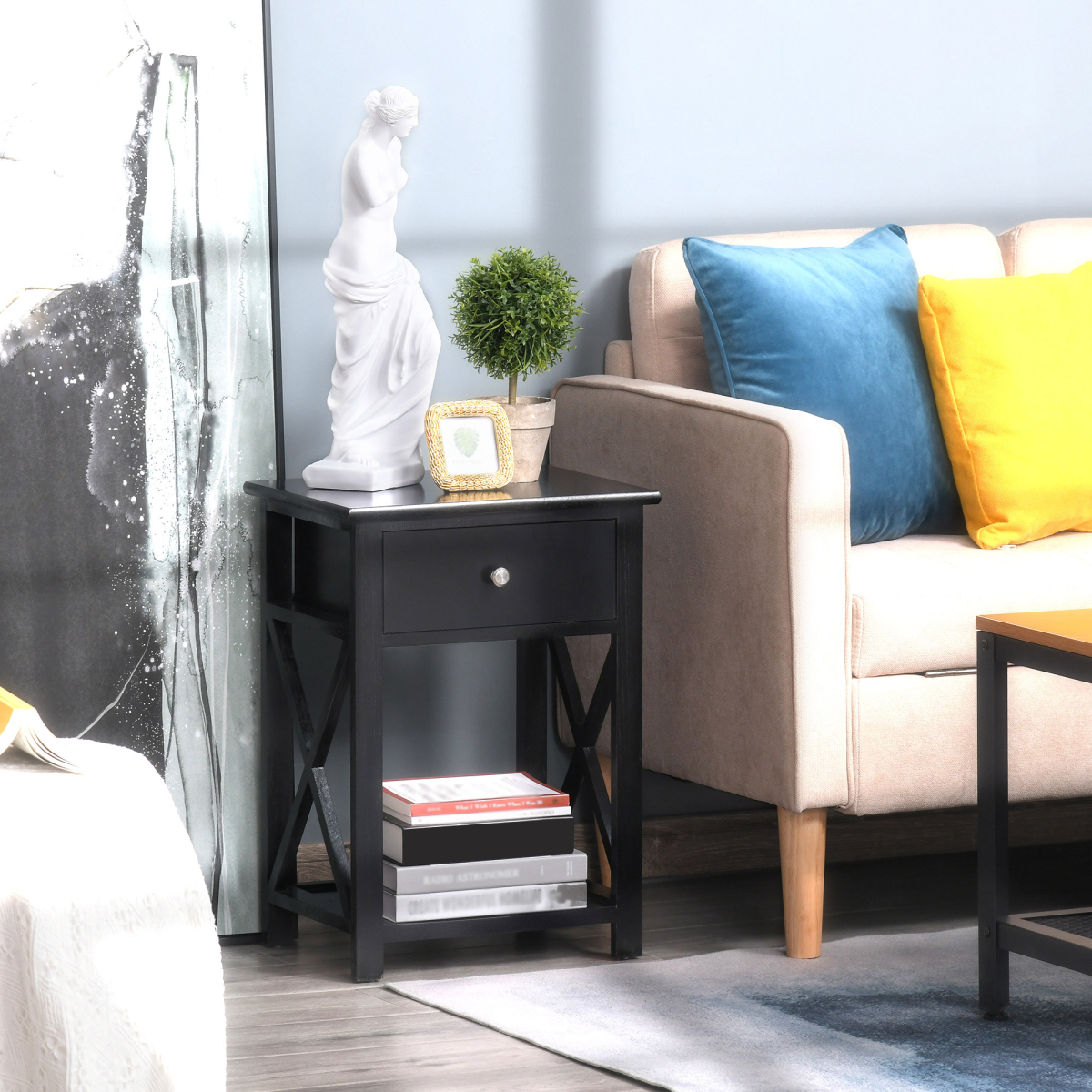 HOMCOM Black MDF 2-Tier Side Table with Drawer and Bottom Shelf