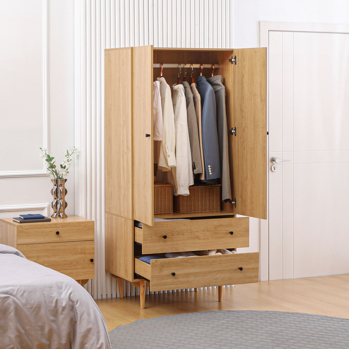 HOMCOM 2-Door Wardrobe with 2 Drawers, Hanging Rail, Bedroom Storage