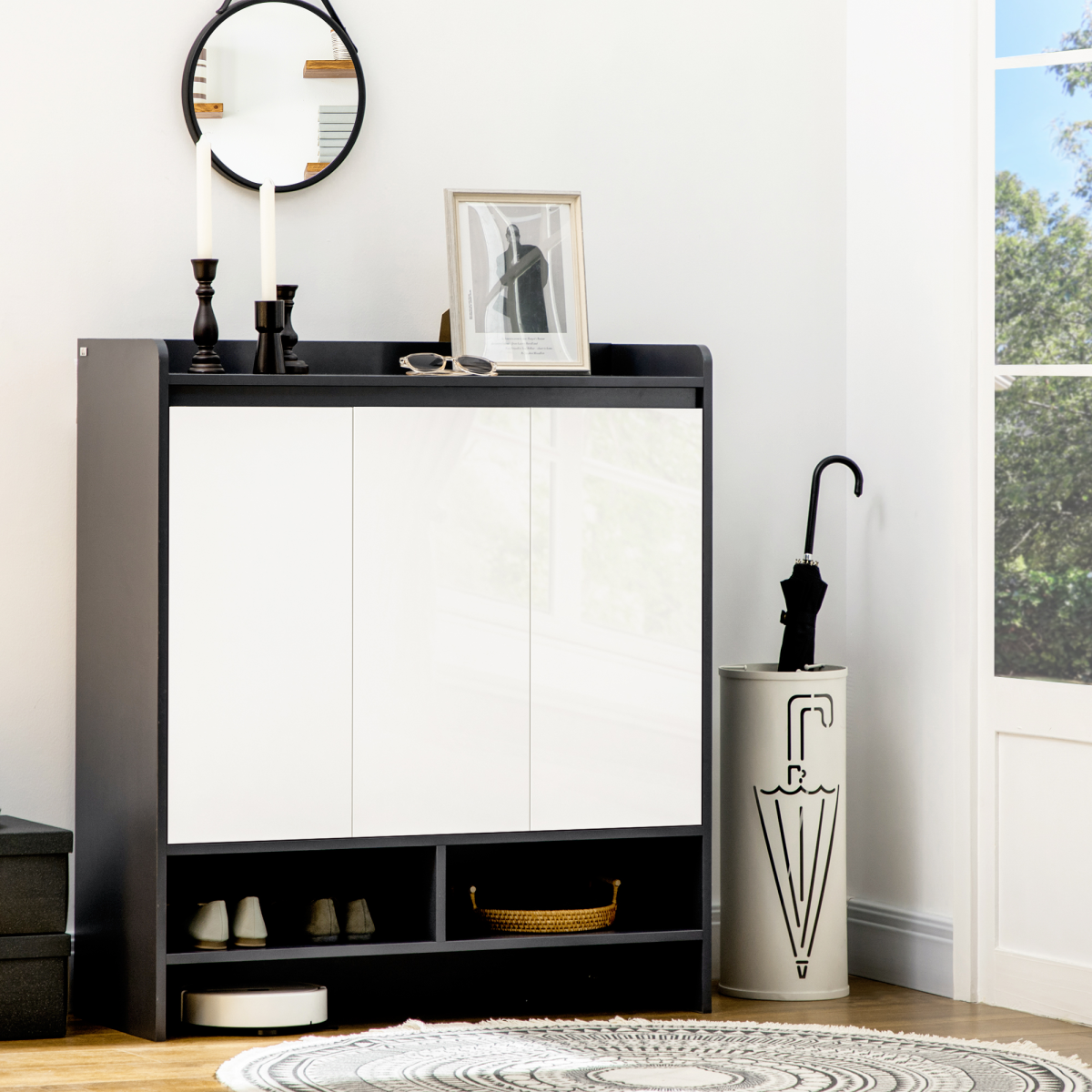 Modern White Shoe Cupboard for Hallway with Open Shelves and Adjustable Shelving