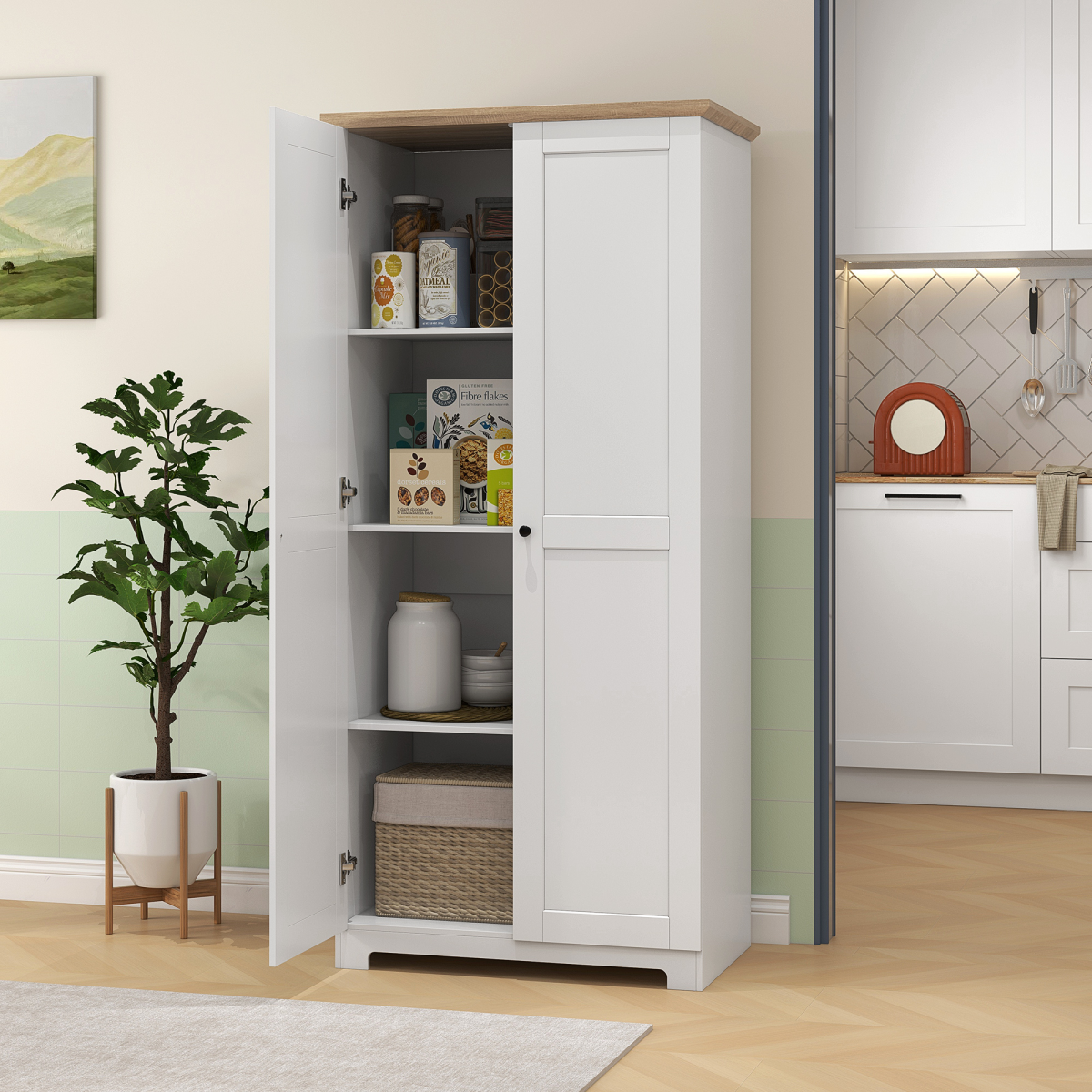 172cm White Wooden Storage Cabinet Cupboard with 2 Doors and 4 Shelves