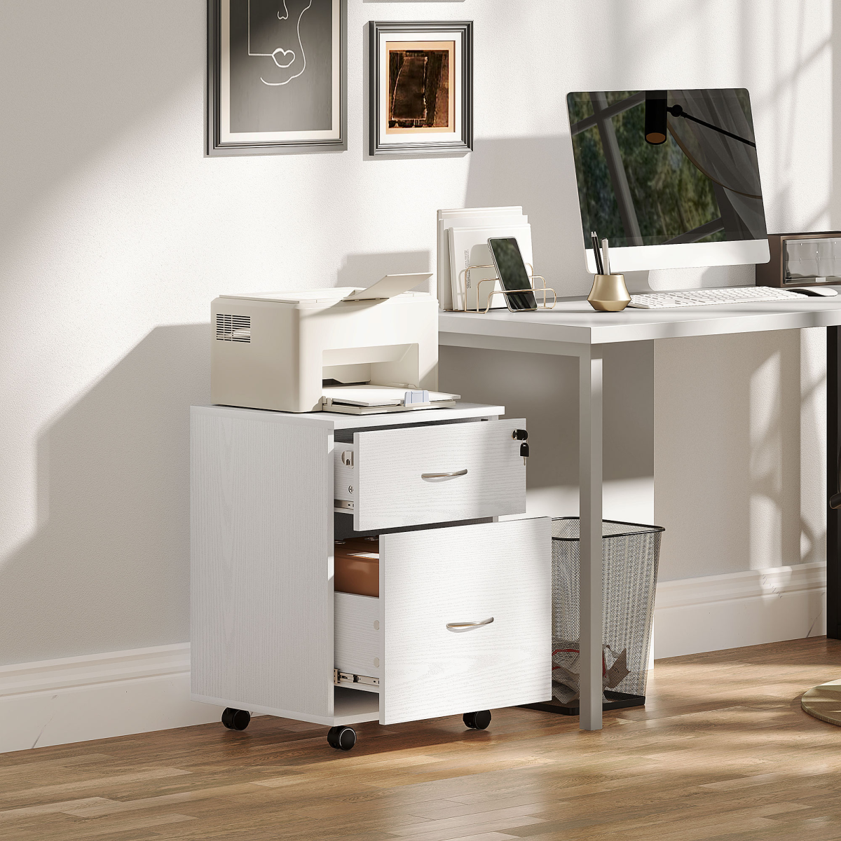 HOMCOM Lockable 2-Drawer Mobile Filing Cabinet, White Wood Grain