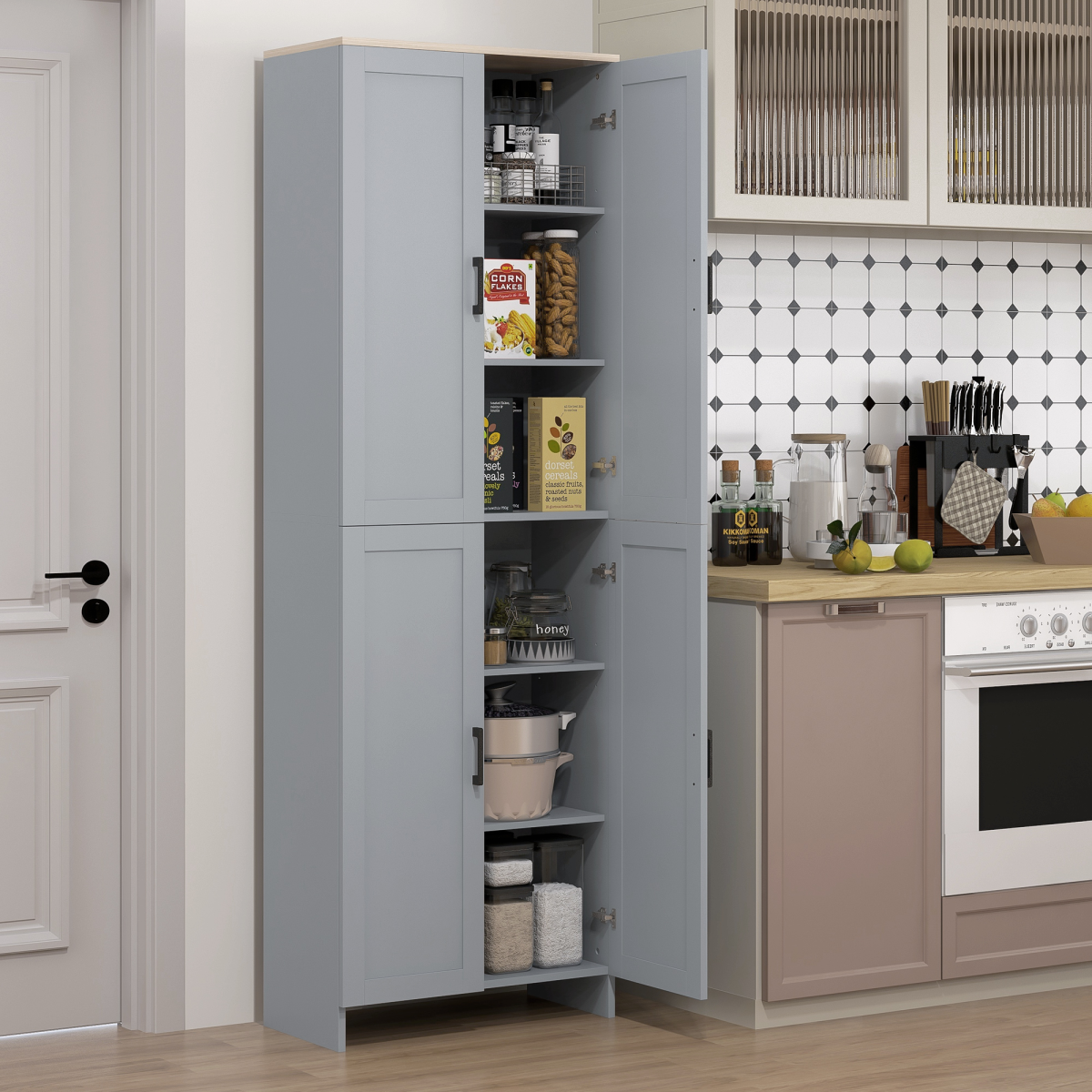 HOMCOM Grey Kitchen Storage Cabinet with 4 Doors and Adjustable Shelves