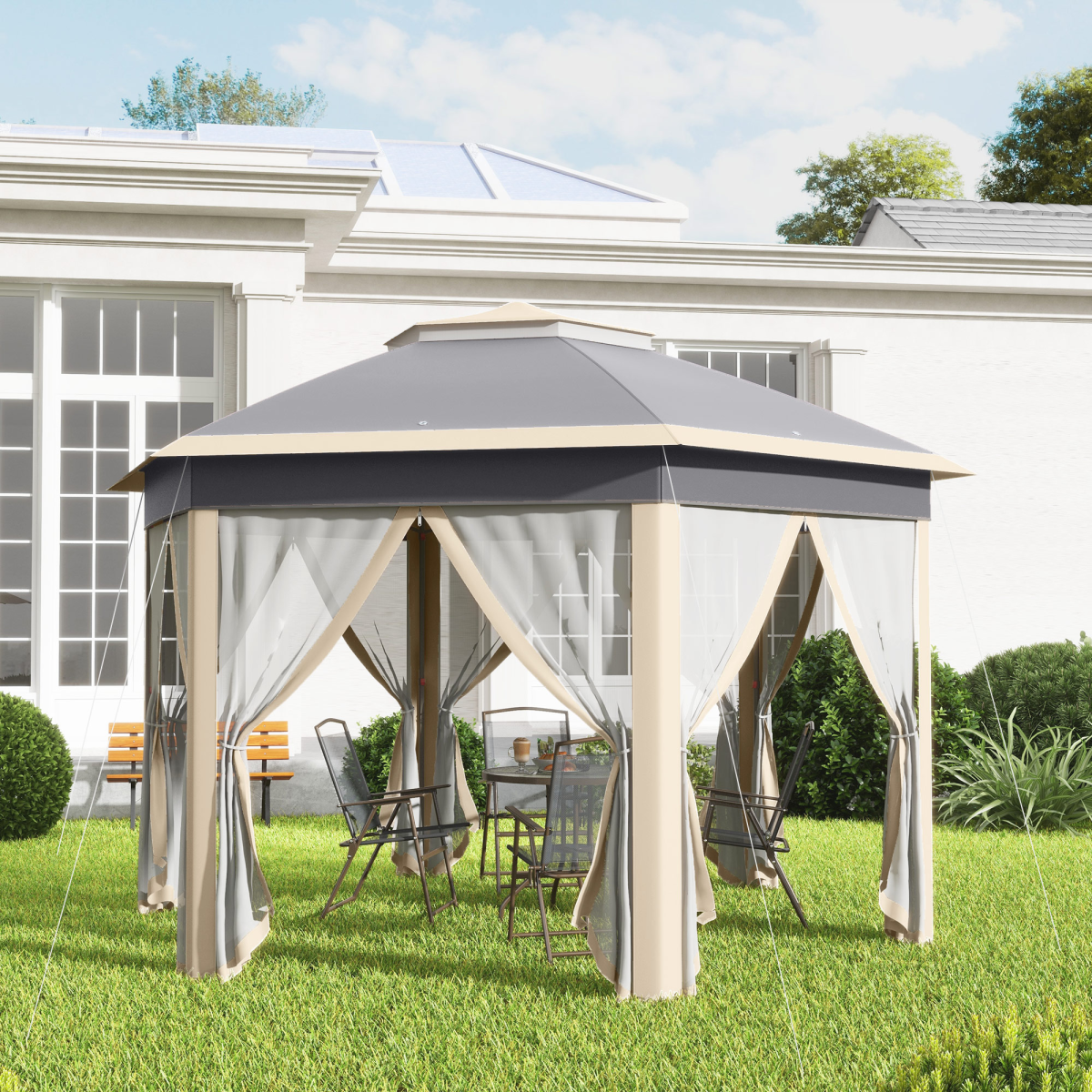 Outsunny 3x4m Hexagon Pop Up Gazebo with Metal Frame and Mesh Curtains, Khaki