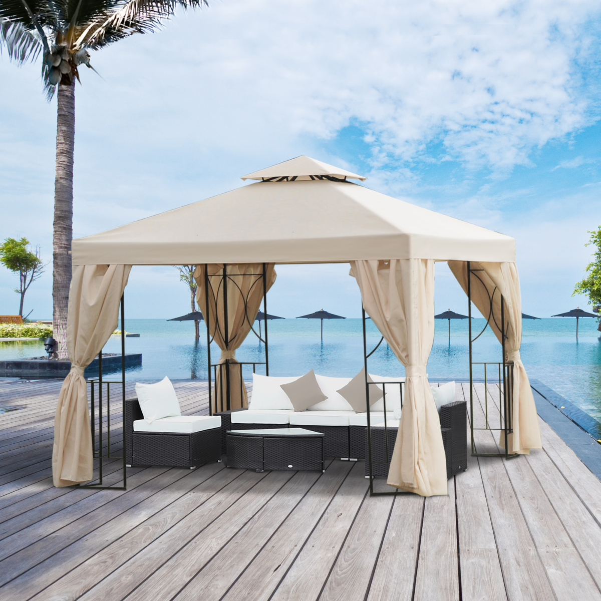 3 x 3m Metal Garden Gazebo with Side Walls, Double-Tier Roof