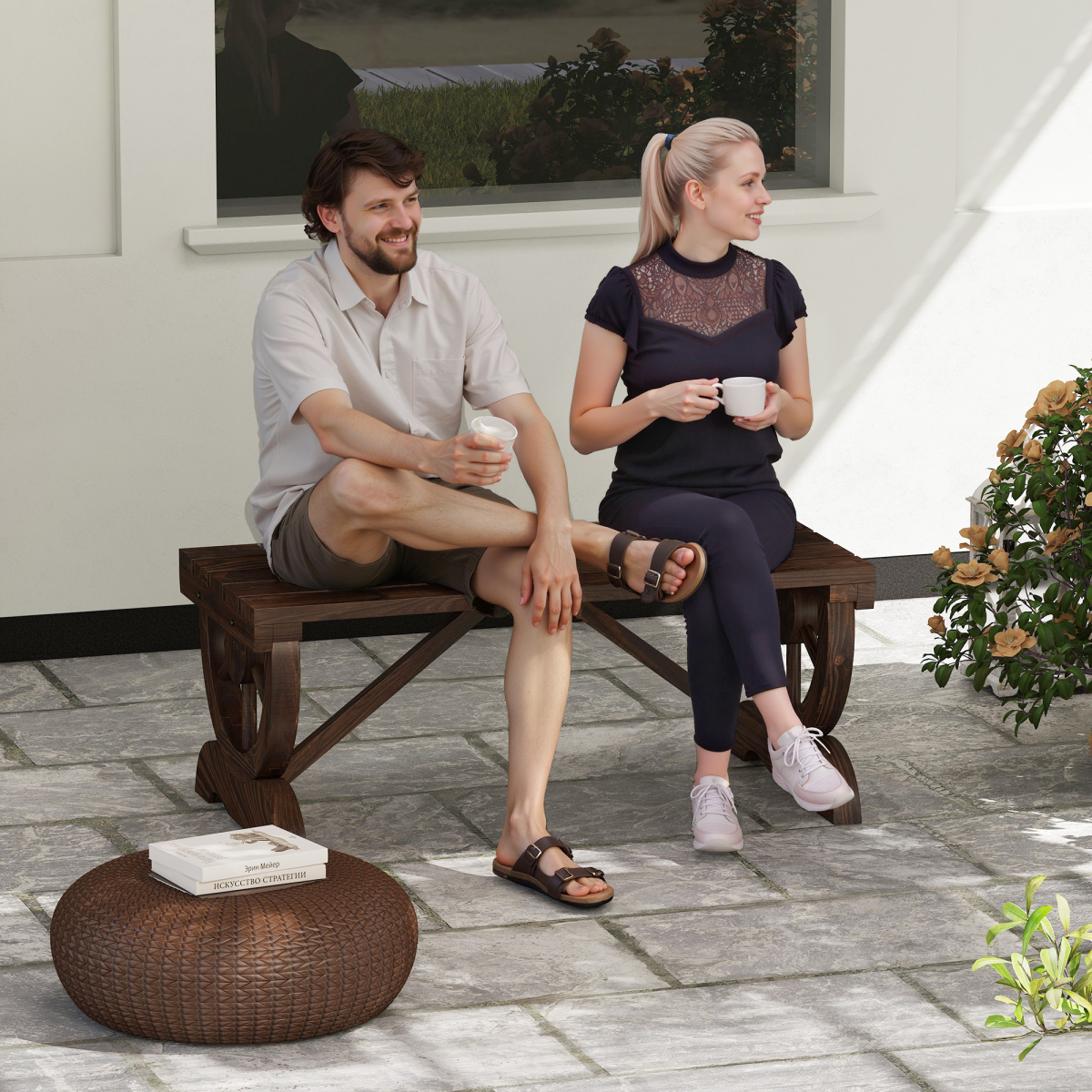 Outsunny Rustic Wooden Wagon Wheel 2-Person Wooden Bench, Brown Outdoor Loveseat Chair