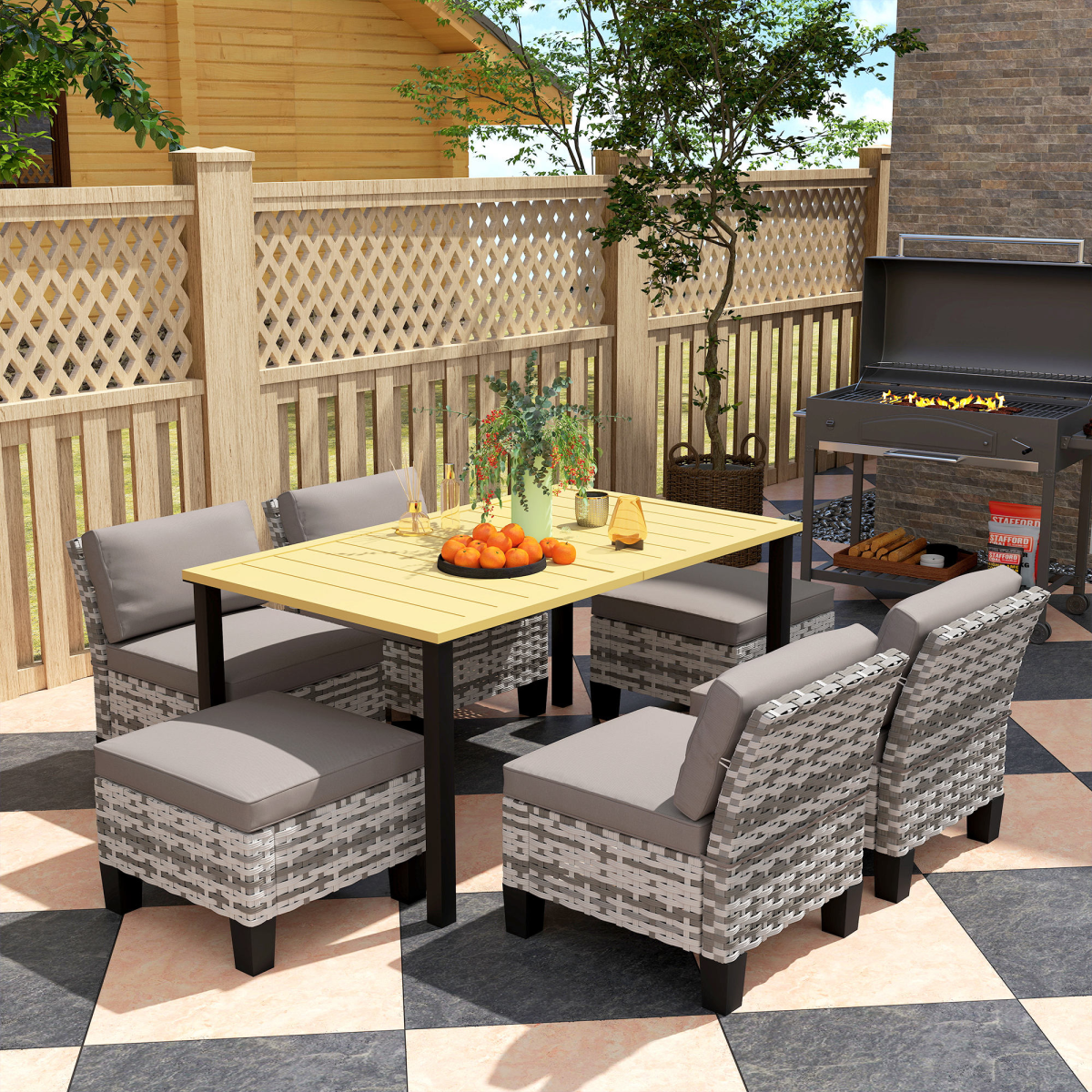 Outsunny 7-Piece Grey Rattan Garden Dining Set, Cushions Included