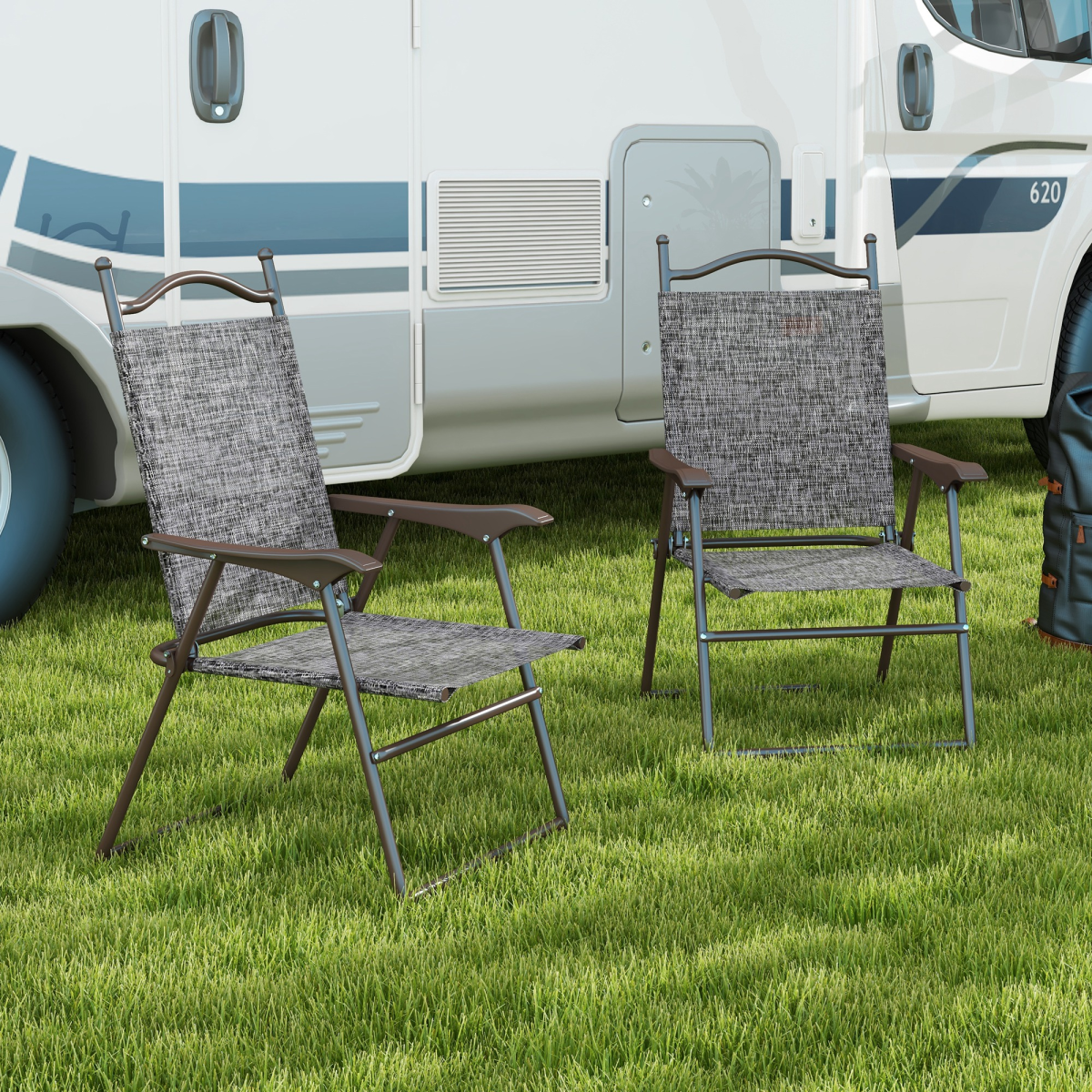 Outsunny Set of 2 Folding Chairs with Armrests, Breathable Mesh Seat, Grey