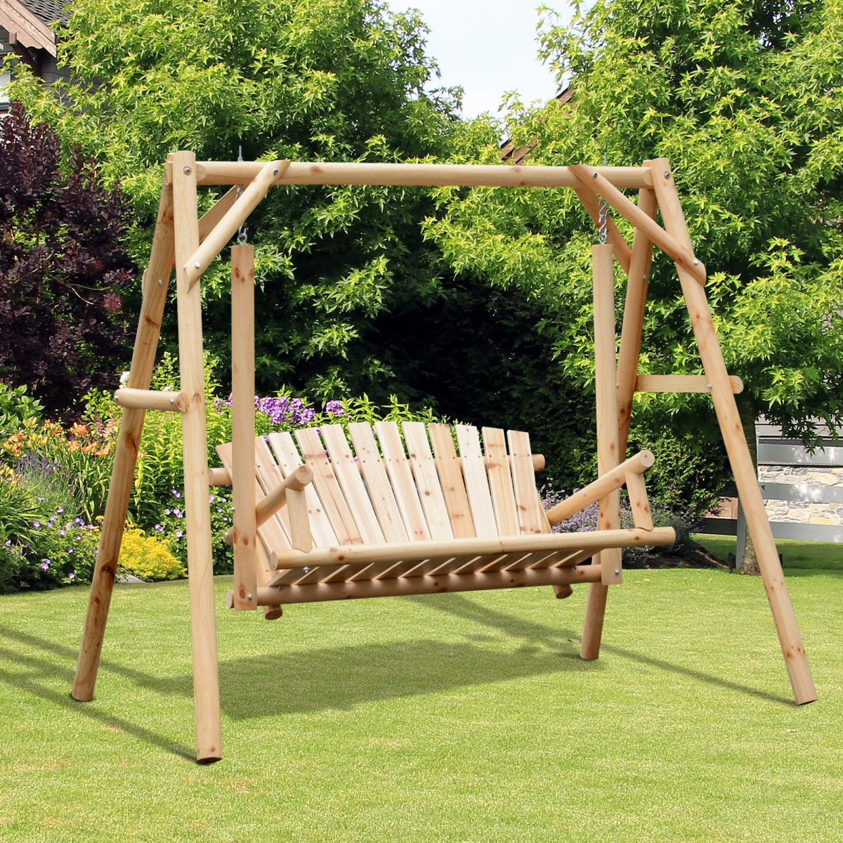 Outsunny 2-Seater Wooden Porch Swing Bench with Armrests