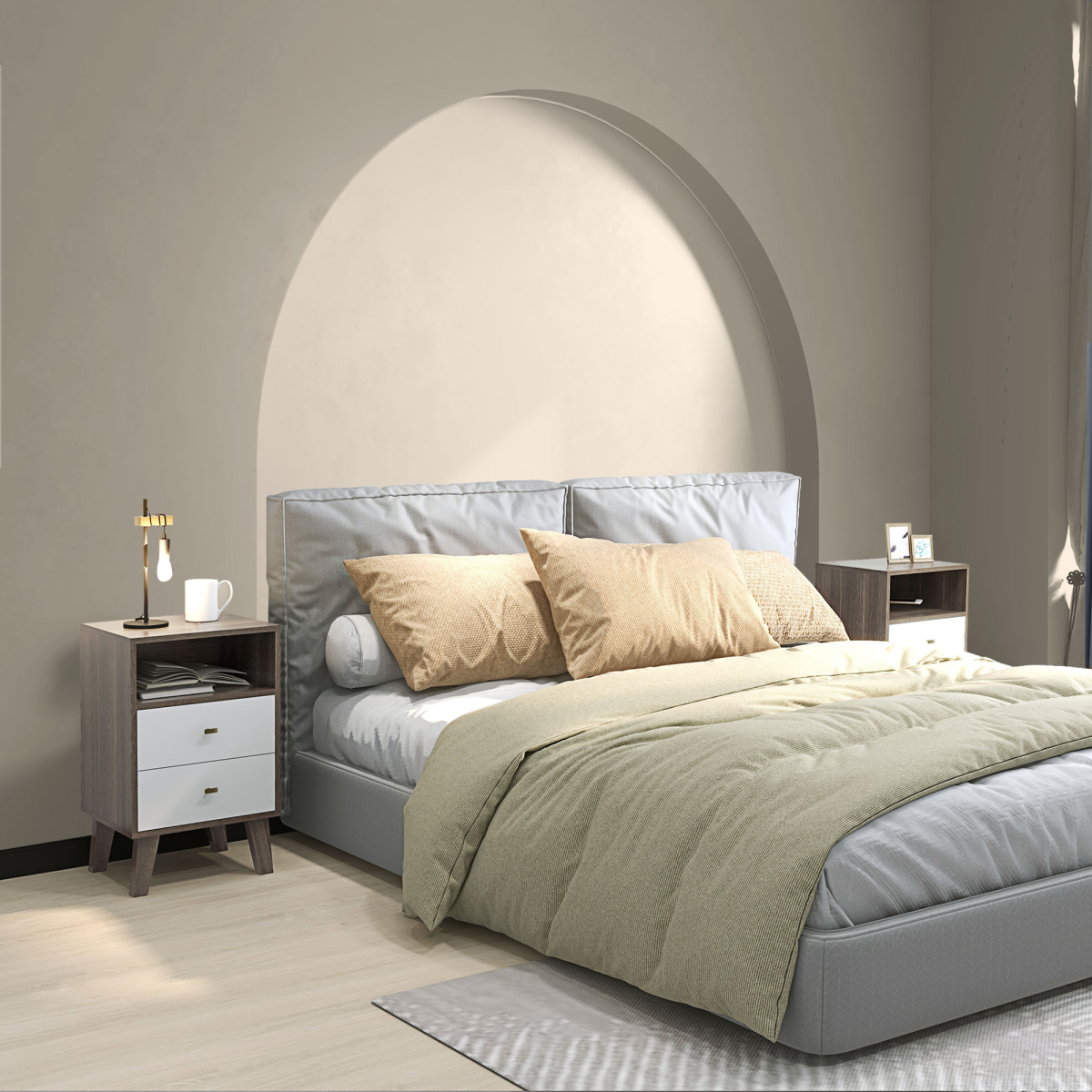 PawHut Set of 2 Bedside Tables, Nightstands with 2 Drawers & Open Cubby