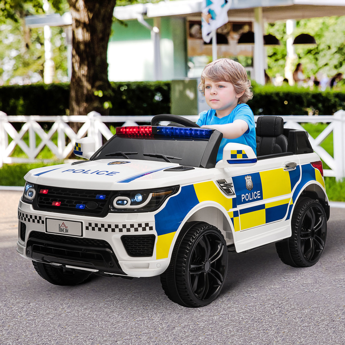 12V Kids Electric Ride On Police Car with Remote Control, Siren, Bluetooth, Lights, 3-6 Years