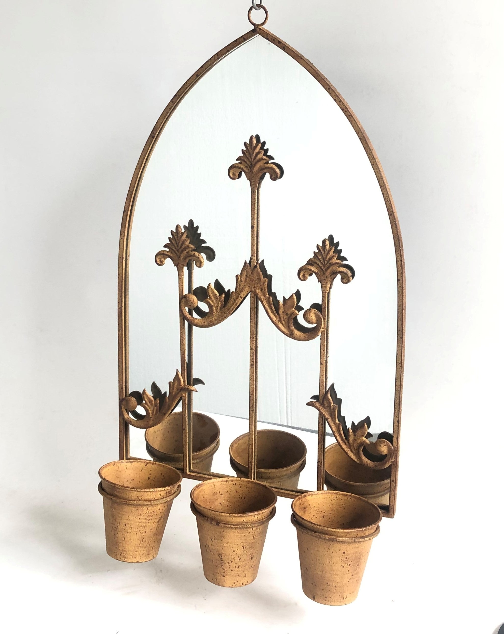 MSL 75cm Rusty Wall Mirror with 3 Planter Holders and Pots