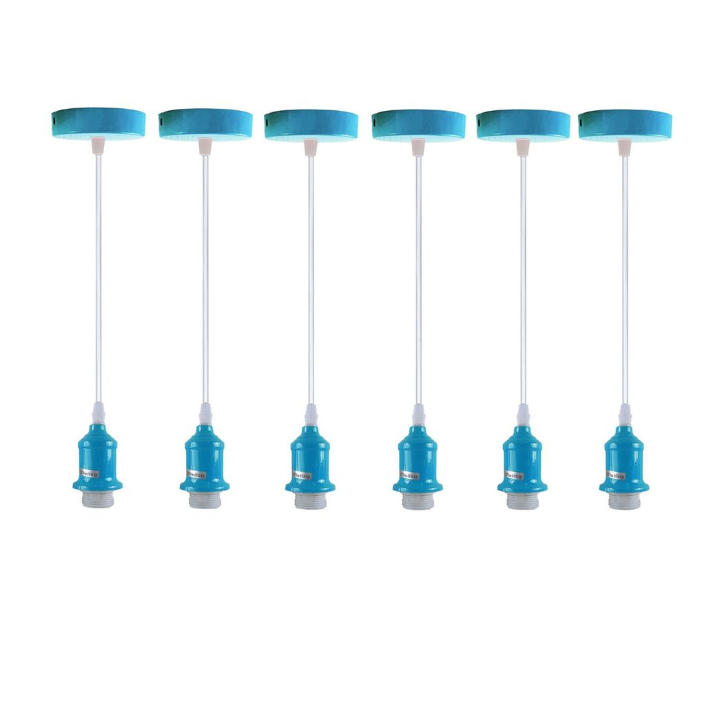 6 Pack Industrial Pendant Light Fitting, Lampshade Addable E27 Lamp Blue Holder Fitting Set With PVC Cable