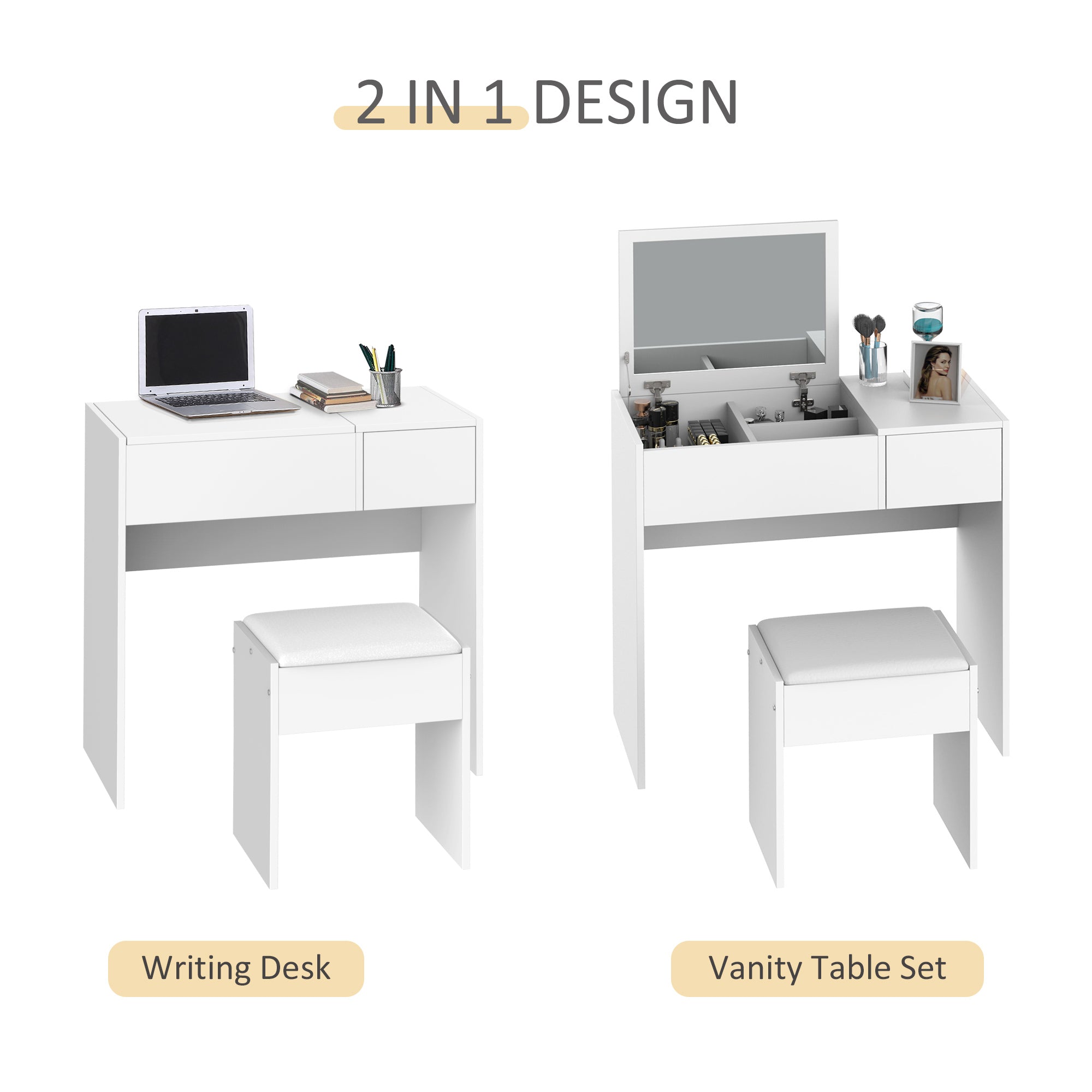 HOMCOM White 2-in-1 Dressing Table and Writing Table with Padded Stool, Flip-Top Mirror, Storage Compartment and Drawer
