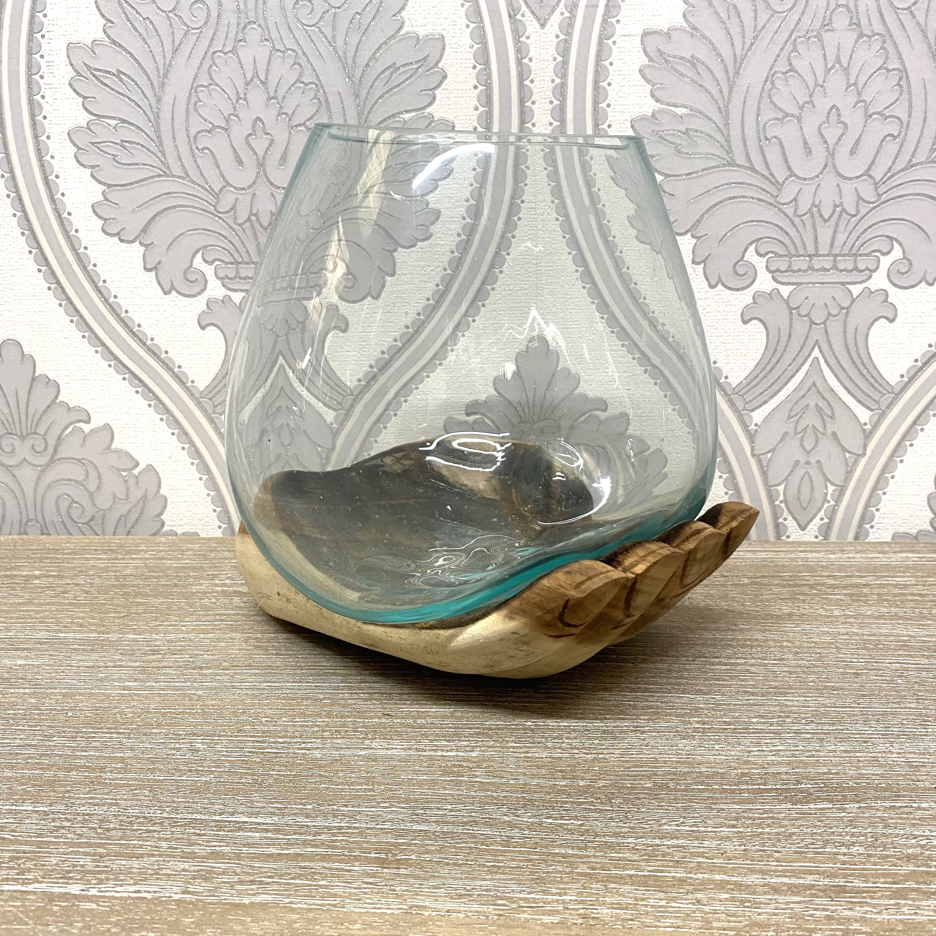 MSL 25CM Carved Teak Root Hand with Blown Glass Bowl