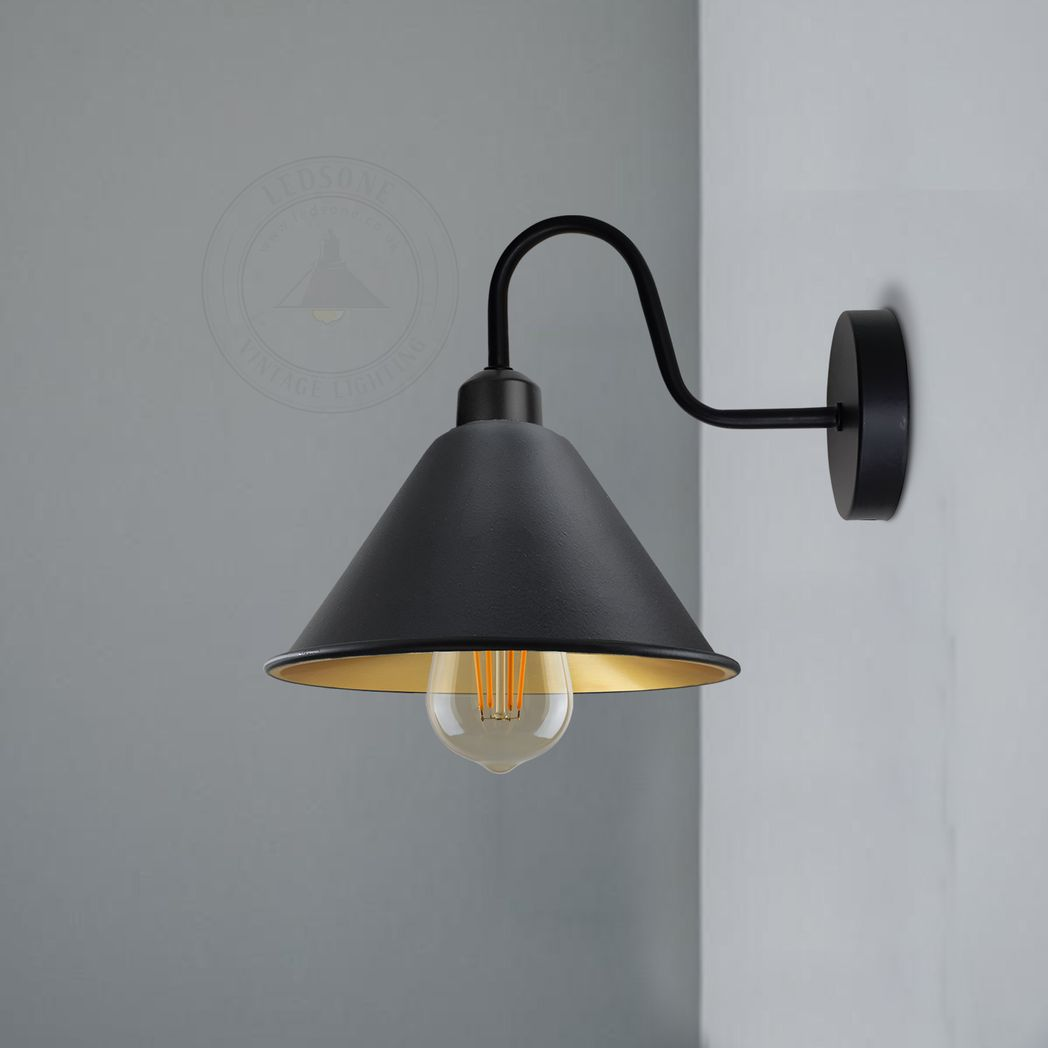 Vintage Black Gold Swan Neck Wall Light Fixture, E27 Cone Shade