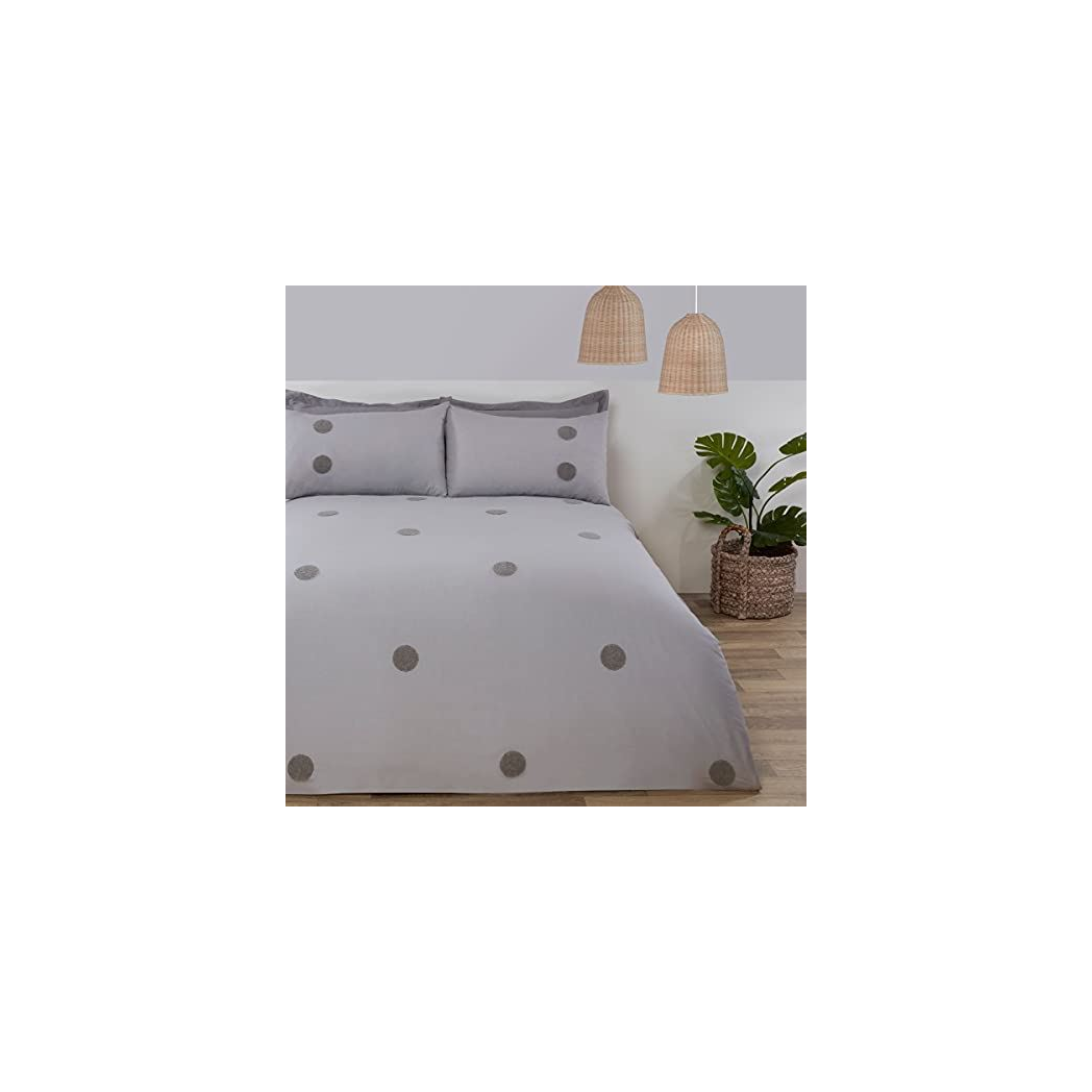 Sleepdown Embroidered Tufted Circles Double Duvet Cover Set, Grey, Essential Bedding Range