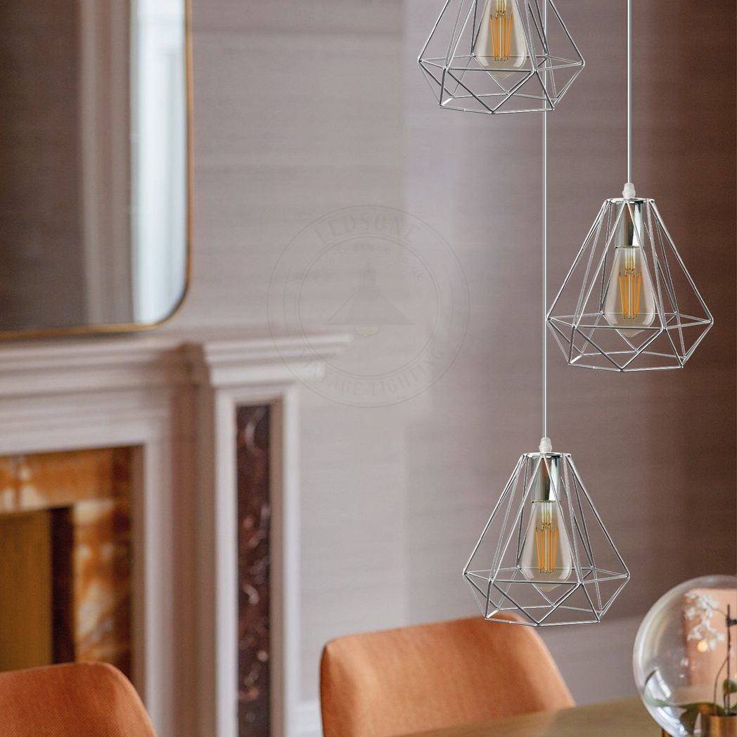 3 Head Round Base Chrome Vintage Metal 20cm Diamond Wire Cage E27 Base Ceiling Pendant Light Fitting