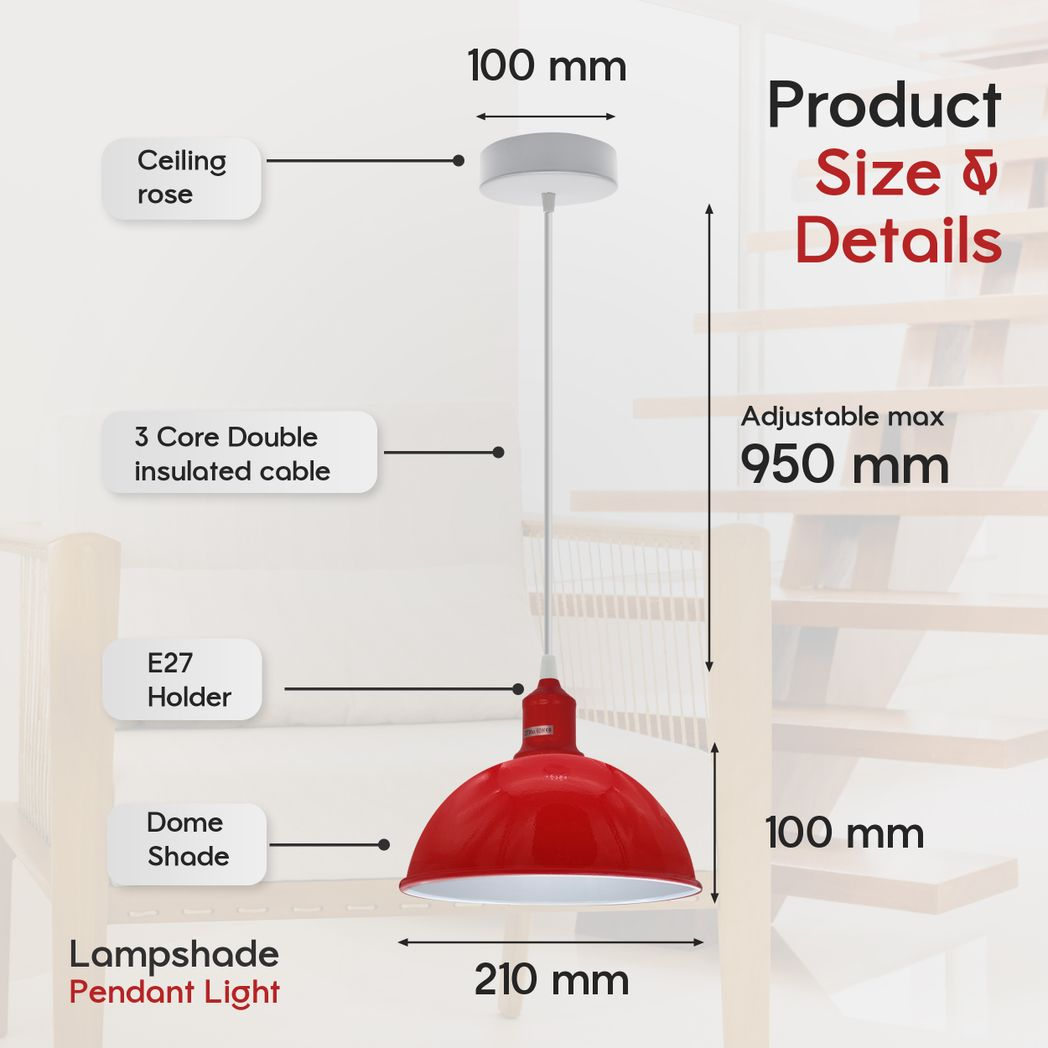 2-Pack Vintage Red Dome Metal Pendant Lamp Shades, 21cm