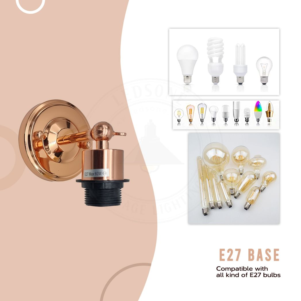 Vintage Rose Gold Retro Metal Wall Light, E27, Electroplated Finish