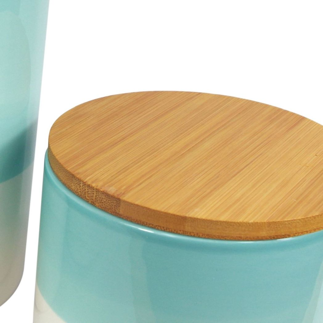 Leaf Set of Three Aqua Green Ceramic Storage Canisters with Bamboo Lids for Tea, Coffee and Sugar