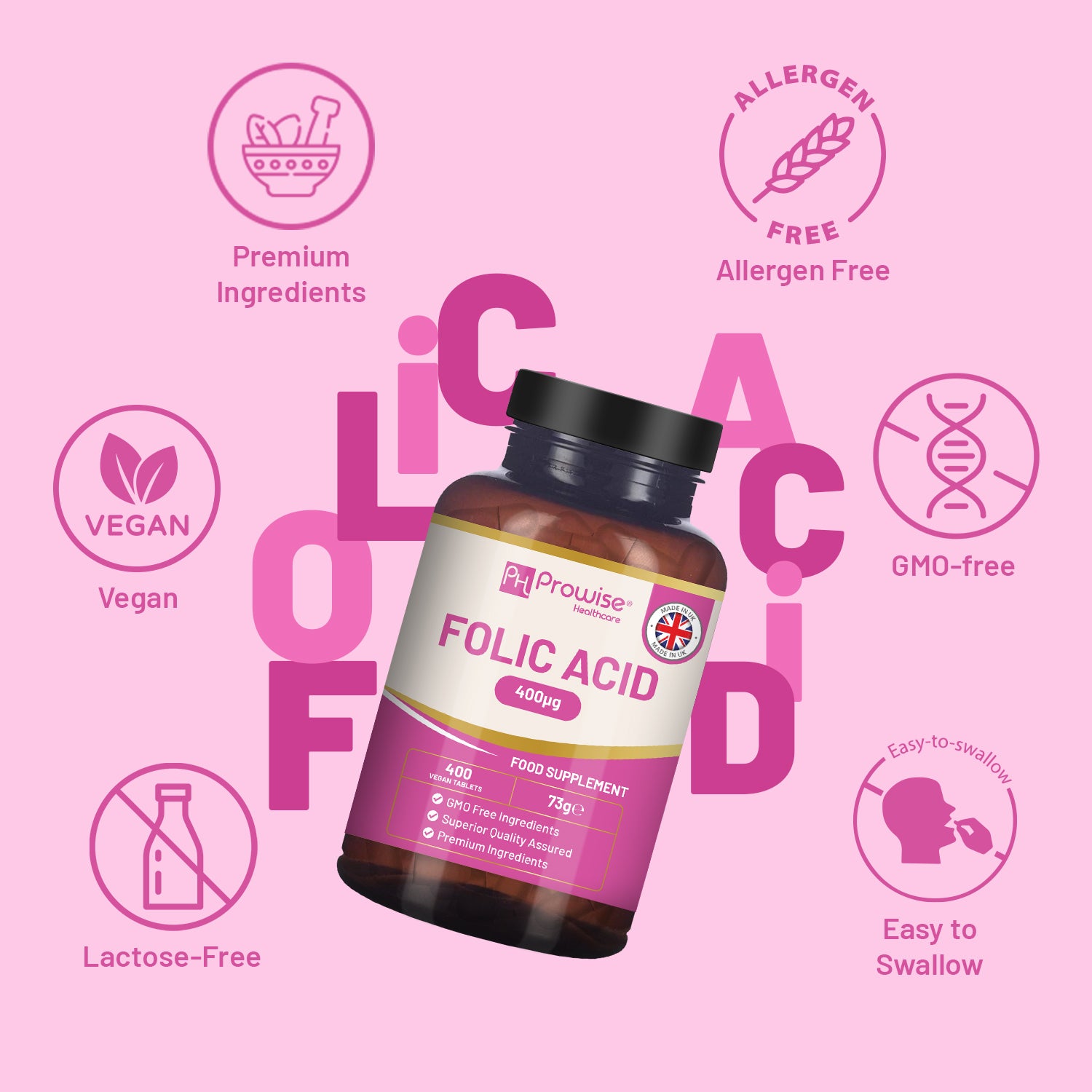 Prowise Folic Acid 400 mcg Tablets, 400 Vegan Vitamin B9 Tablets