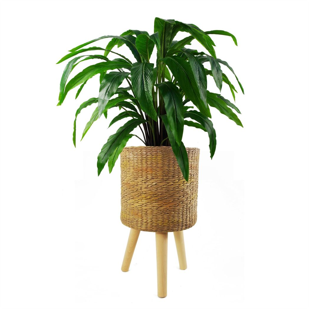Leaf 54cm x 30cm Rattan Effect Fibreglass Composite Large Planter with Wooden Legs
