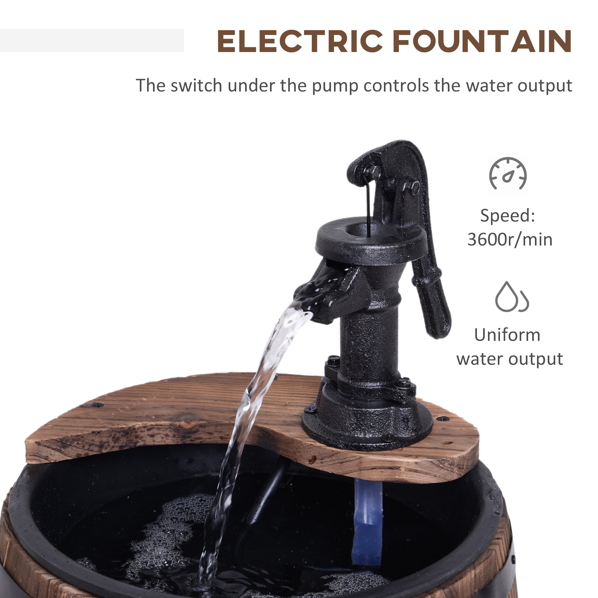 Outsunny Retro Wood Barrel Water Pump Garden Fountain with Adjustable Flow