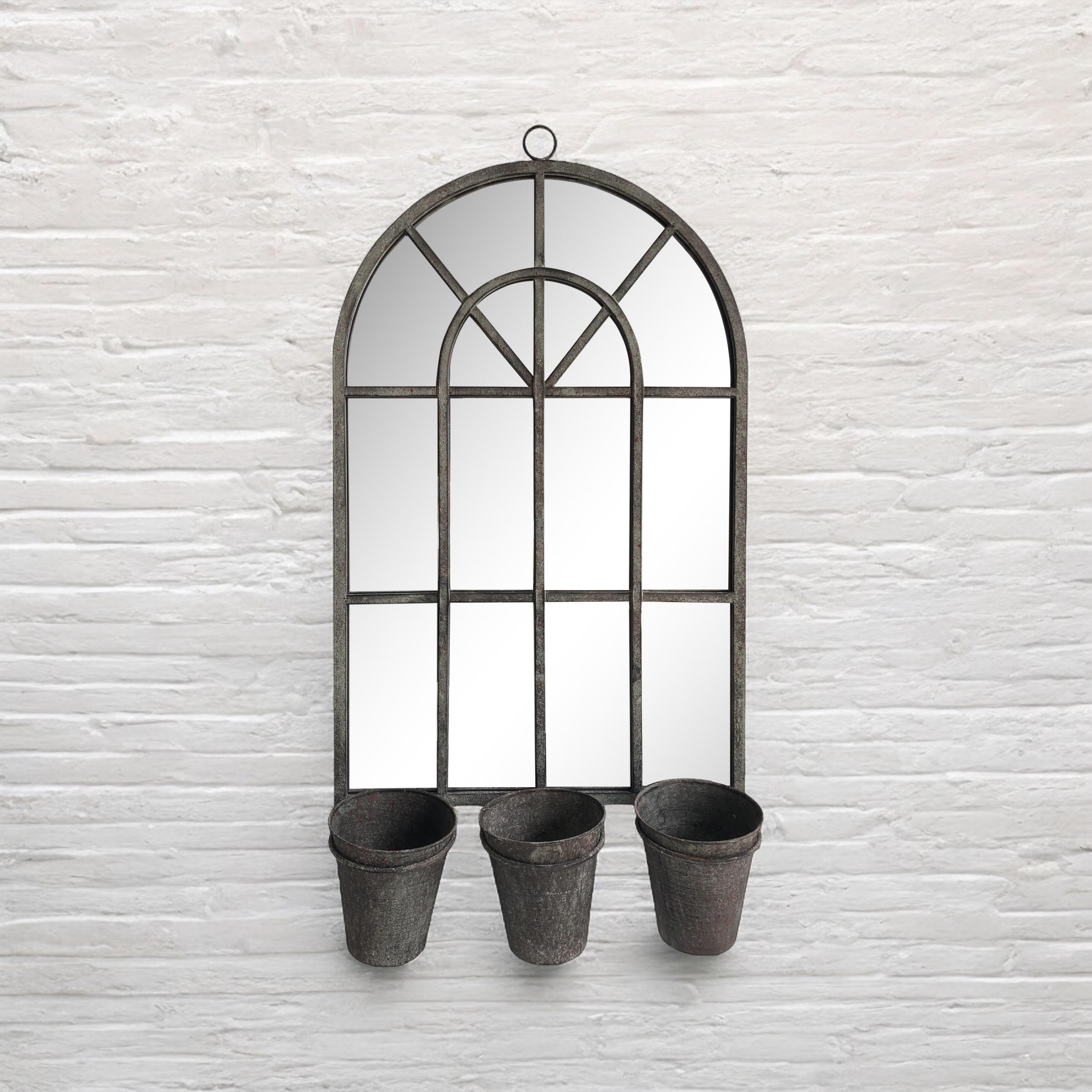 78cm Rusty Wall Mirror with Triple Planter Holders and Pots