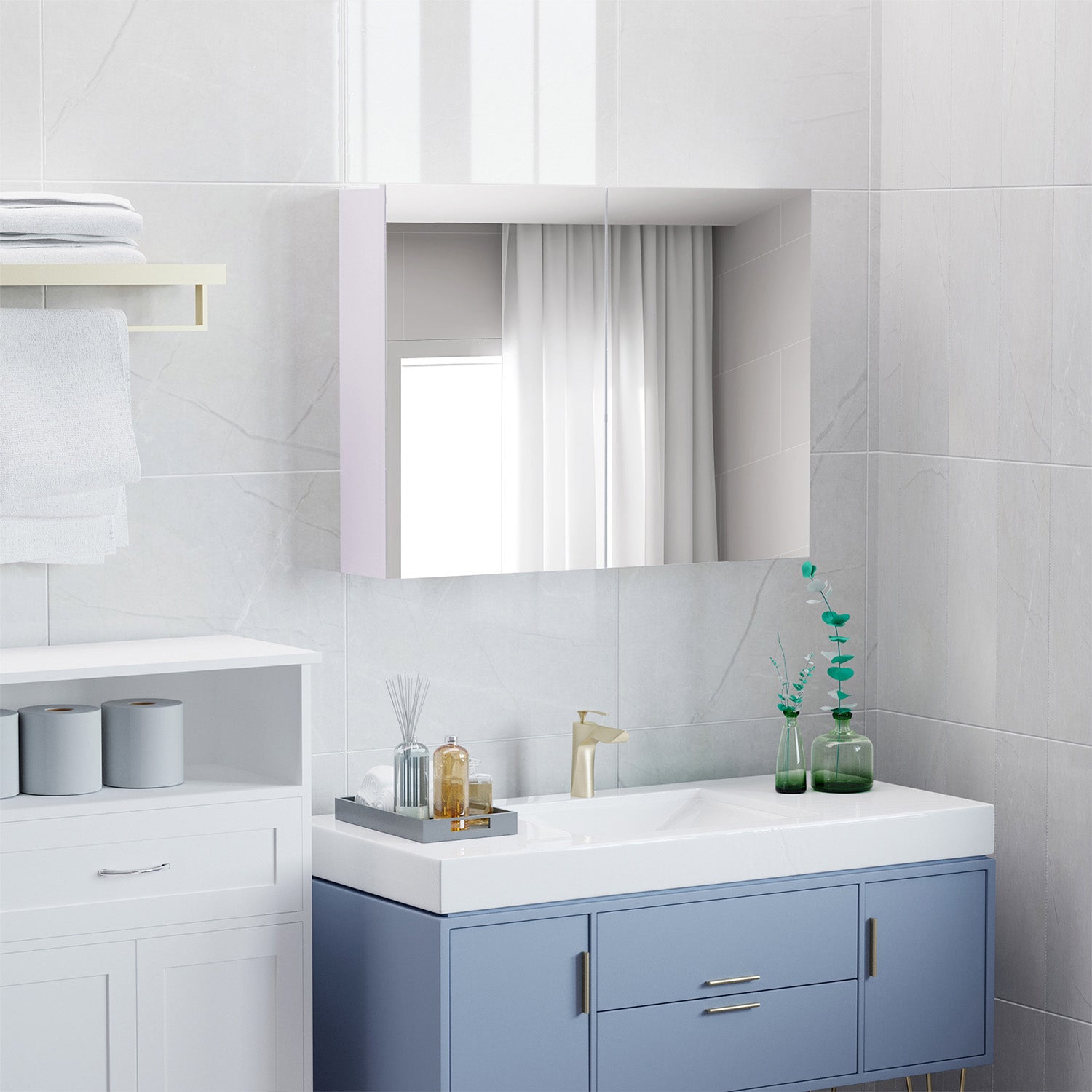 Wall Mounted Double Door Mirror Cabinet Bathroom Storage Unit with Adjustable Shelf